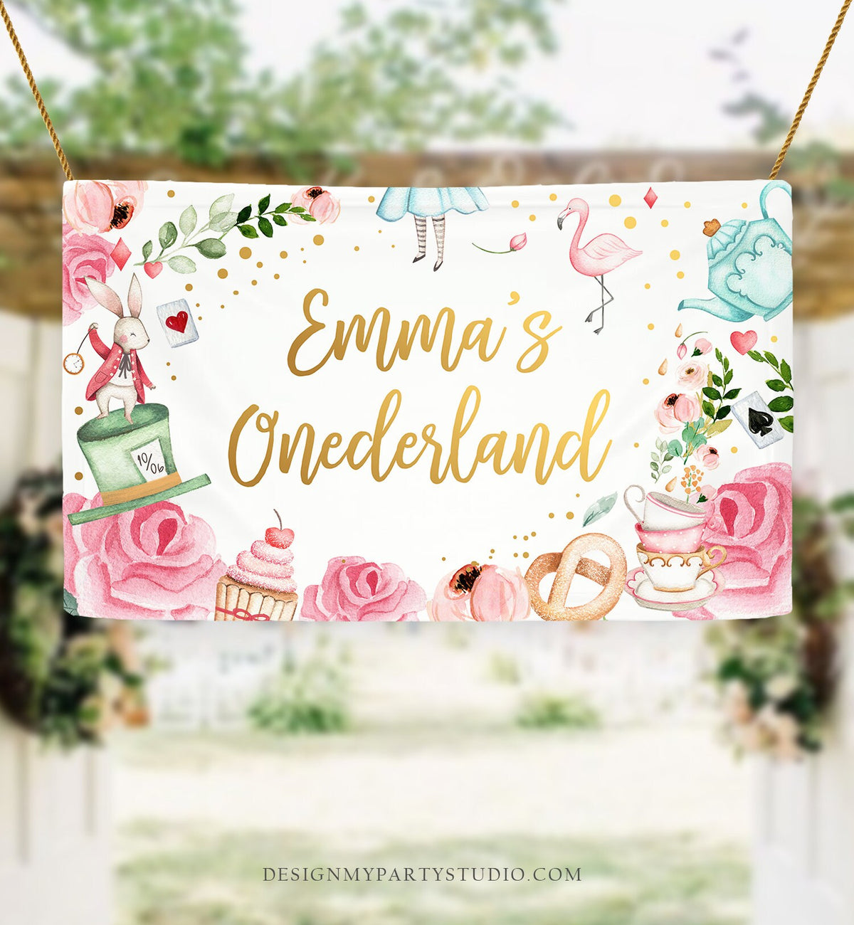 Editable Alice in Onederland Birthday Backdrop Alice in Wonderland Girl Pink First Birthday 1st Mad Tea Party Corjl Template Printable 0350