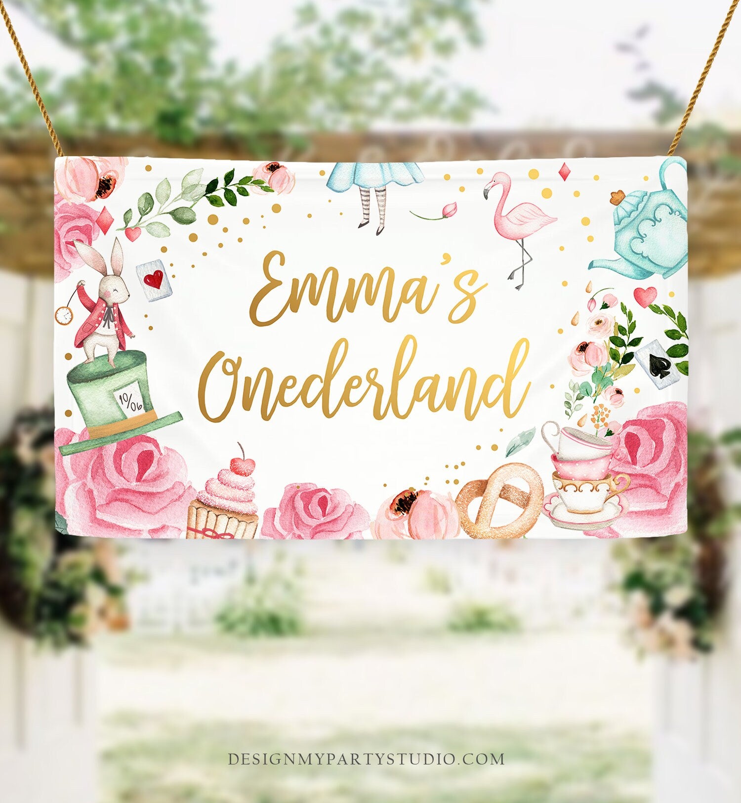 Editable Alice in Onederland Birthday Backdrop Alice in Wonderland Girl Pink First Birthday 1st Mad Tea Party Corjl Template Printable 0350