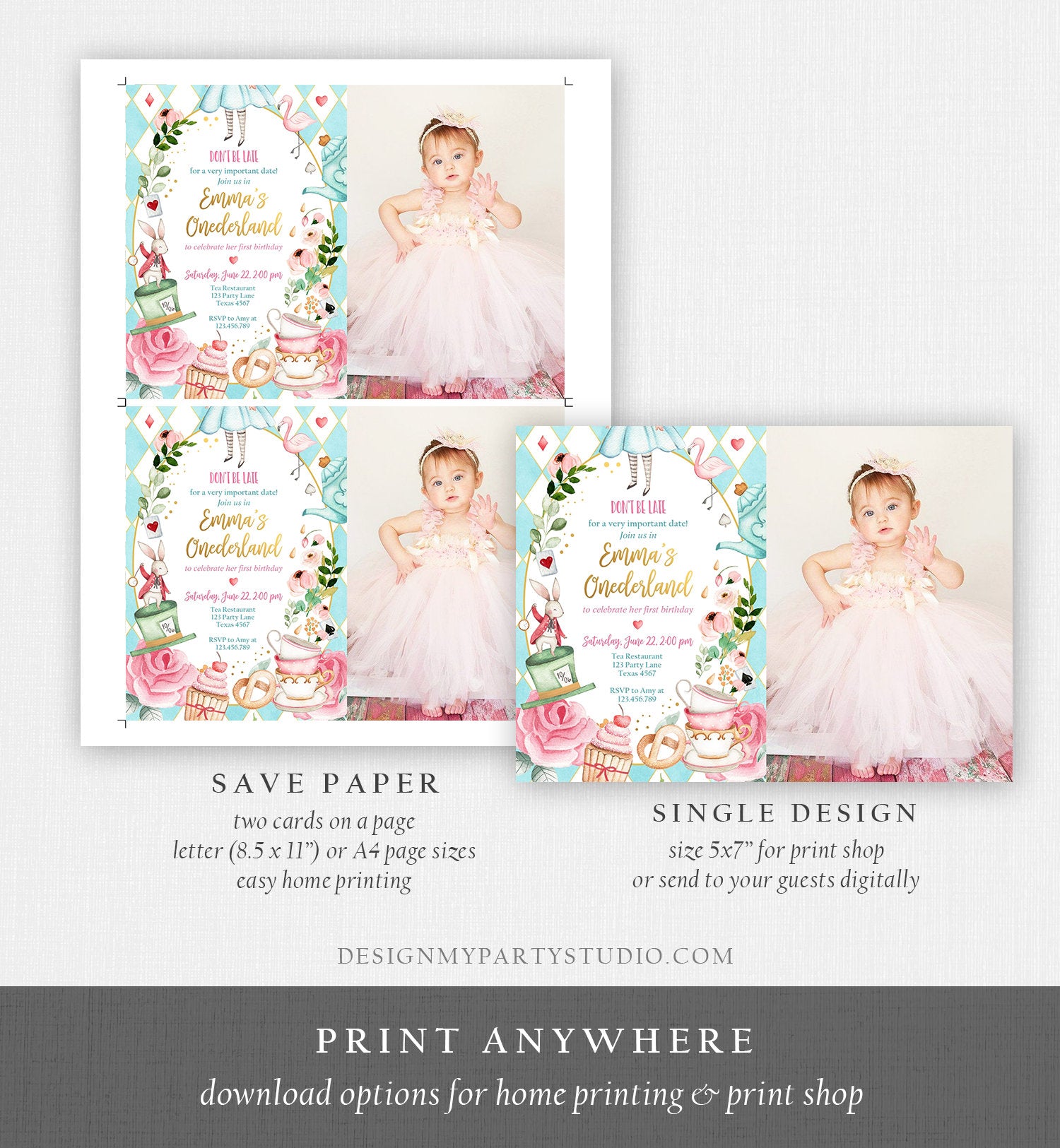 Editable Alice In Wonderland Birthday Invitation Girl First Birthday 1st Onederland Tea Party Photo Printable Template Corjl Digital 0350