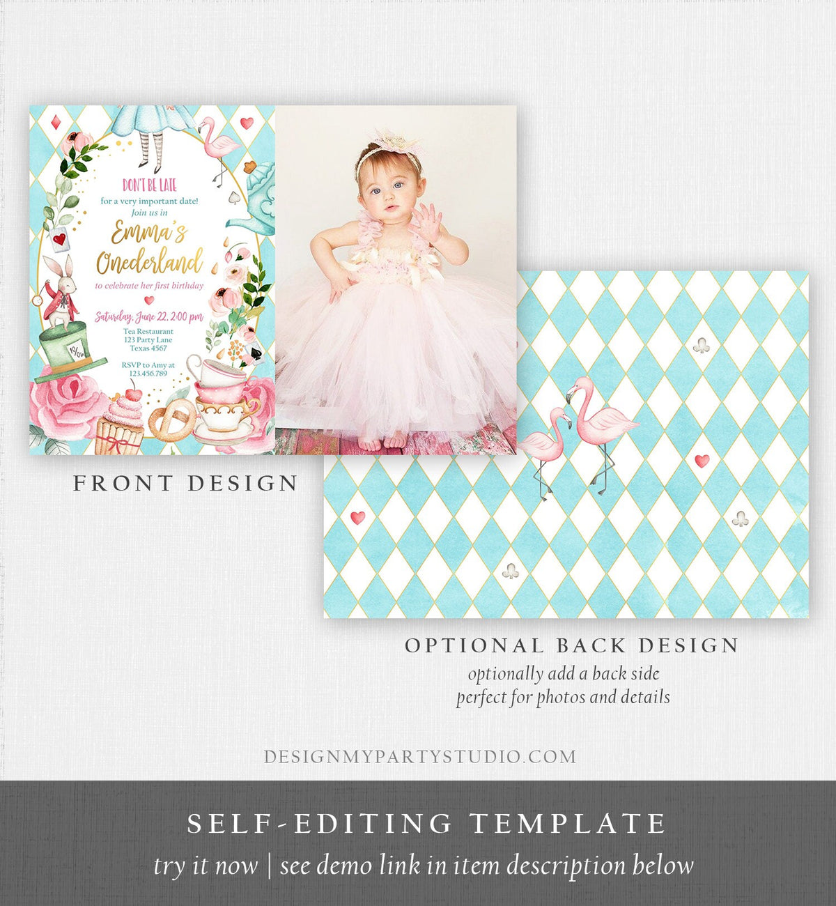 Editable Alice In Wonderland Birthday Invitation Girl First Birthday 1st Onederland Tea Party Photo Printable Template Corjl Digital 0350