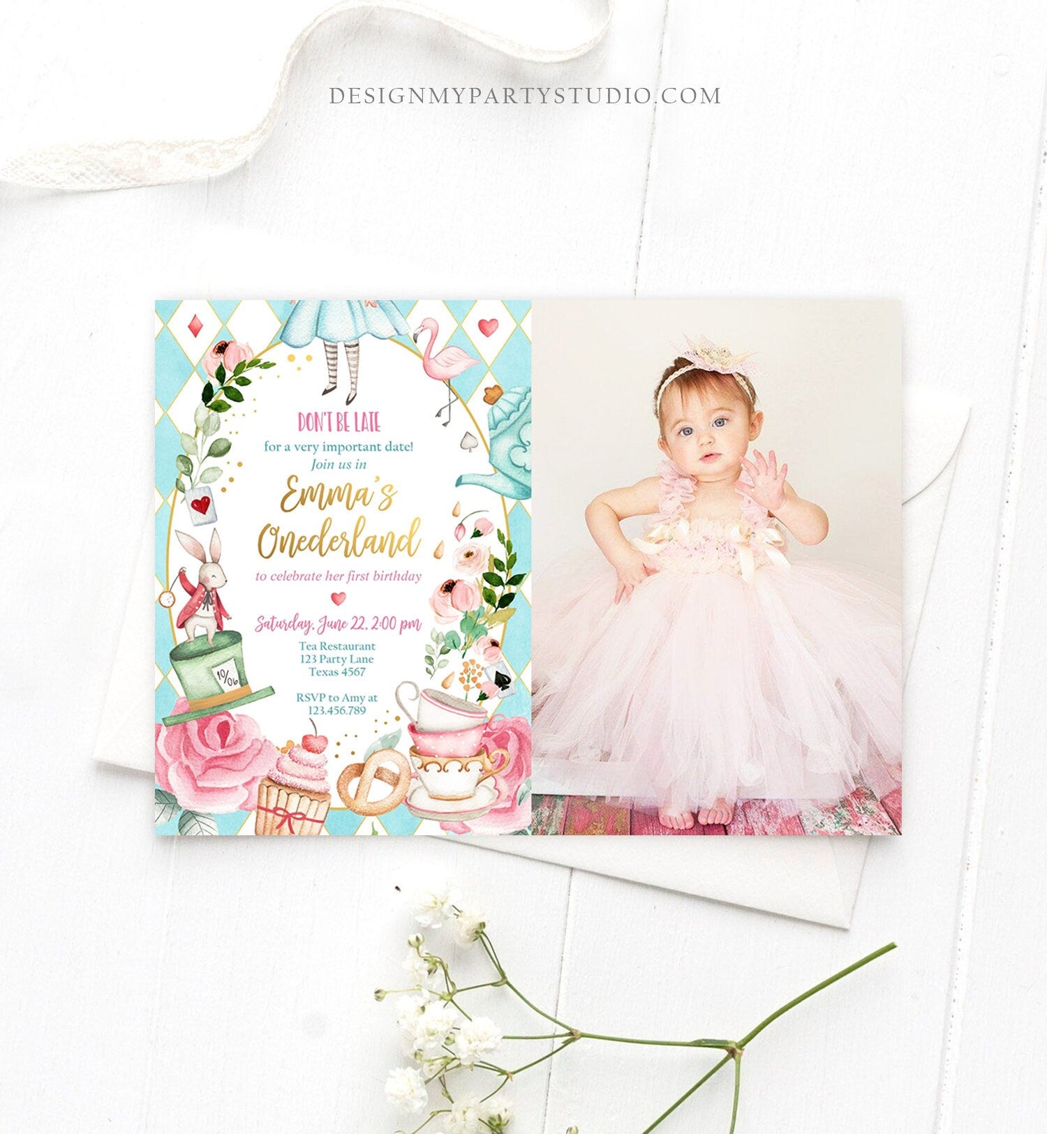 Editable Alice In Wonderland Birthday Invitation Girl First Birthday 1st Onederland Tea Party Photo Printable Template Corjl Digital 0350