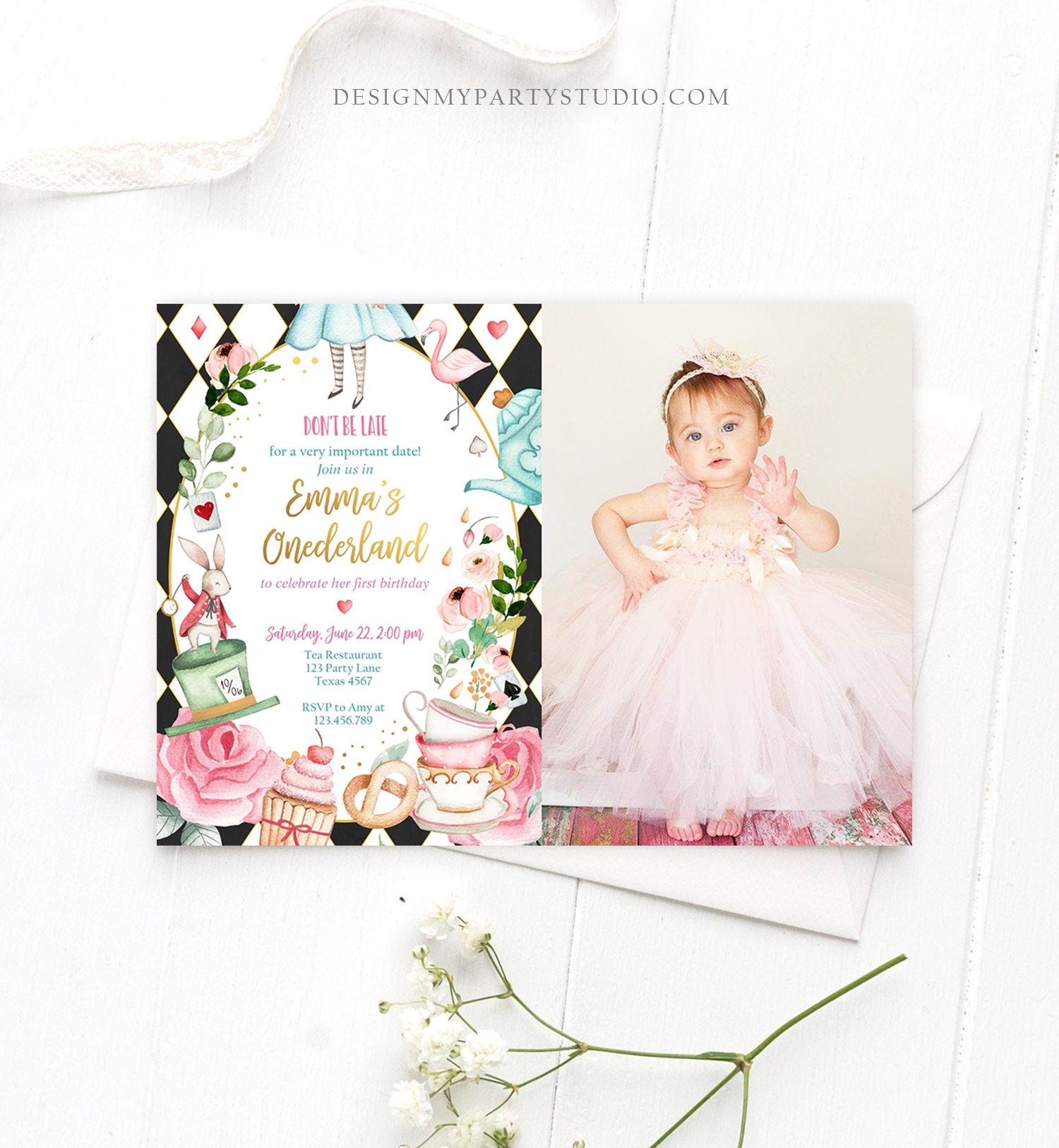 Editable Alice In Wonderland Birthday Invitation Girl First Birthday 1st Onederland Tea Party Photo Printable Template Corjl Digital 0350