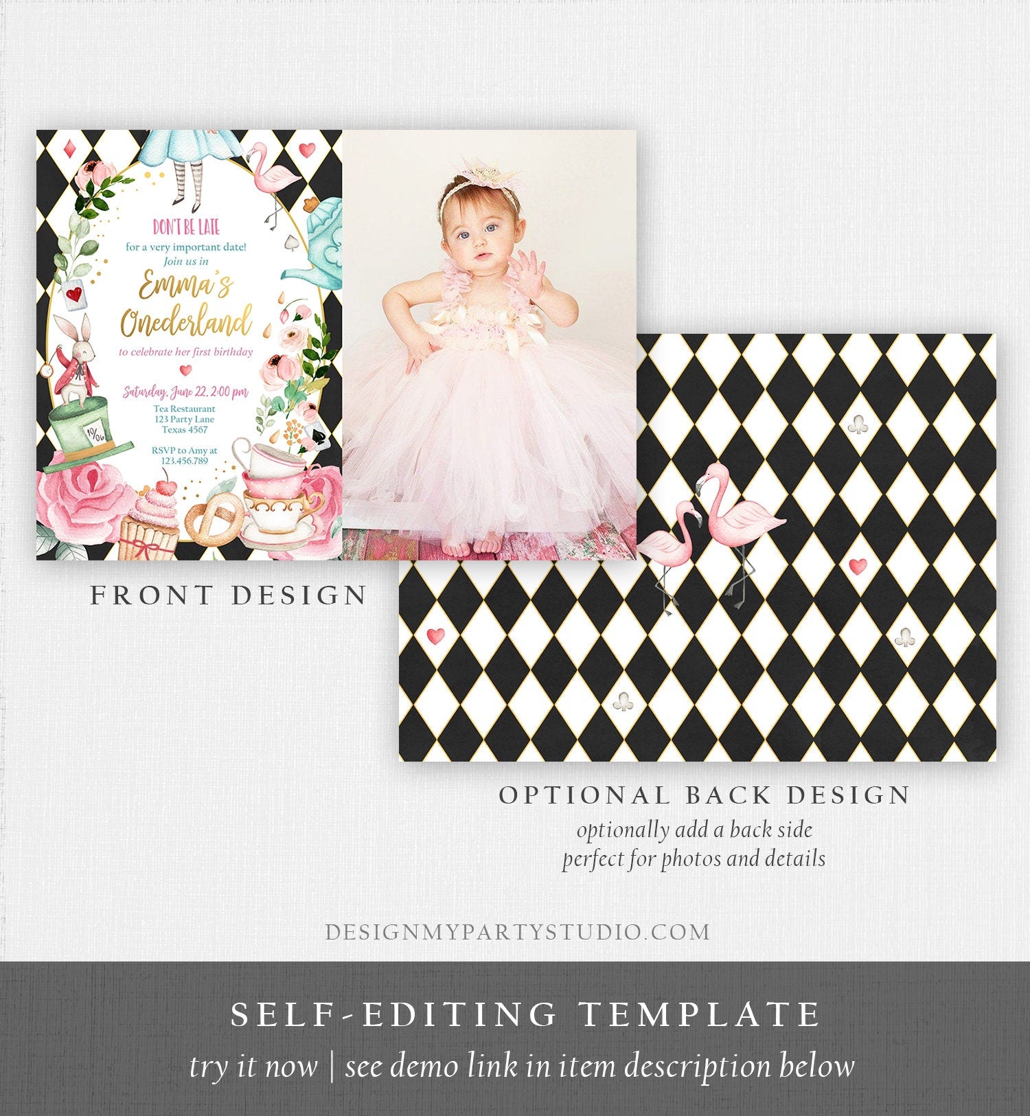 Editable Alice In Wonderland Birthday Invitation Girl First Birthday 1st Onederland Tea Party Photo Printable Template Corjl Digital 0350