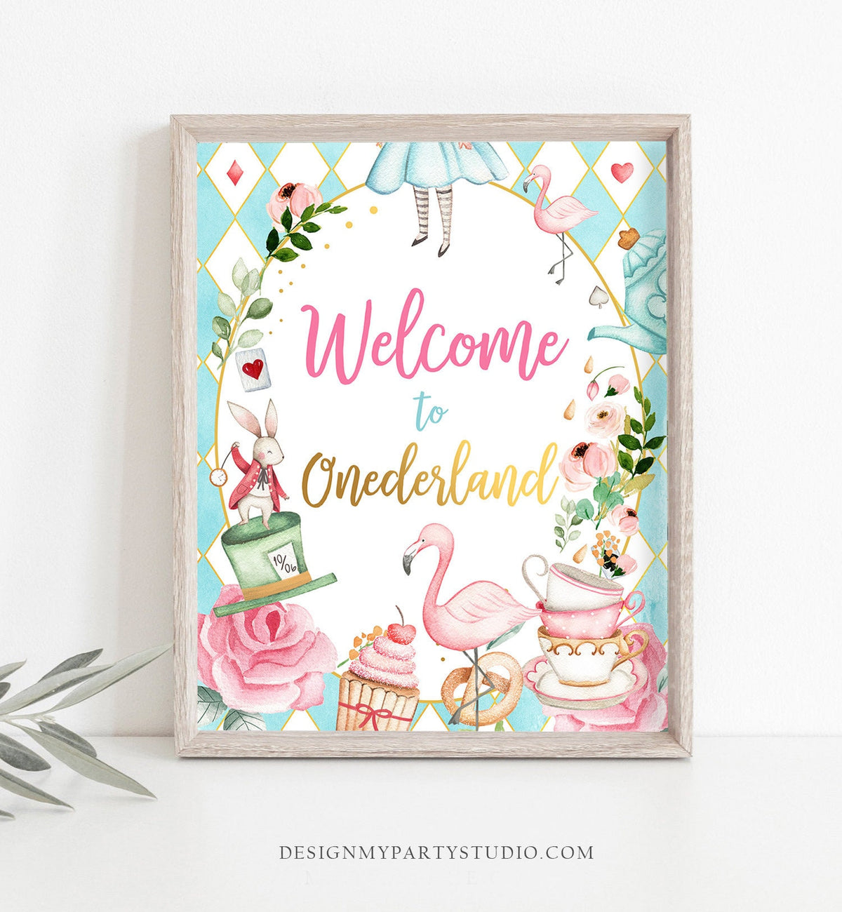 Alice in Wonderland Welcome to Onederland Party Sign Alice Birthday Decor Mad Tea Party Girl Pink Welcome Birthday Sign PRINTABLE DIY 0350