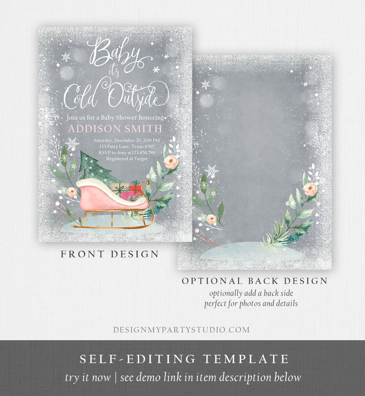 Editable Baby Its Cold Outside Winter Baby Shower Invitation It&#39;s Cold Outside Gender Neutral Pink Girl Template Instant Download Corjl 0353