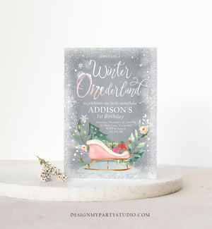 Editable Winter Onederland Invitation 1st Birthday Girl Blush Pink Gold Christmas Sleigh Little Snowflake Floral Printable Template DIY 0353