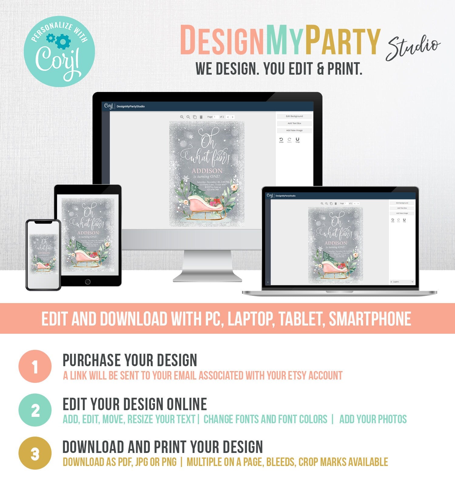 Editable Oh What Fun! Holiday 1st Winter Birthday Invitation Winter Christmas Party Sleigh Trees Girl Pink Gold Printable Template DIY 0353