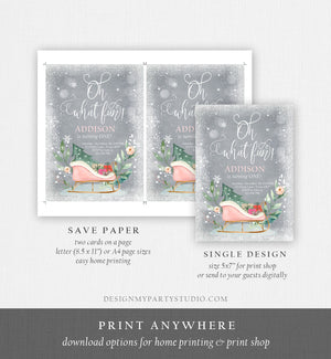 Editable Oh What Fun! Holiday 1st Winter Birthday Invitation Winter Christmas Party Sleigh Trees Girl Pink Gold Printable Template DIY 0353