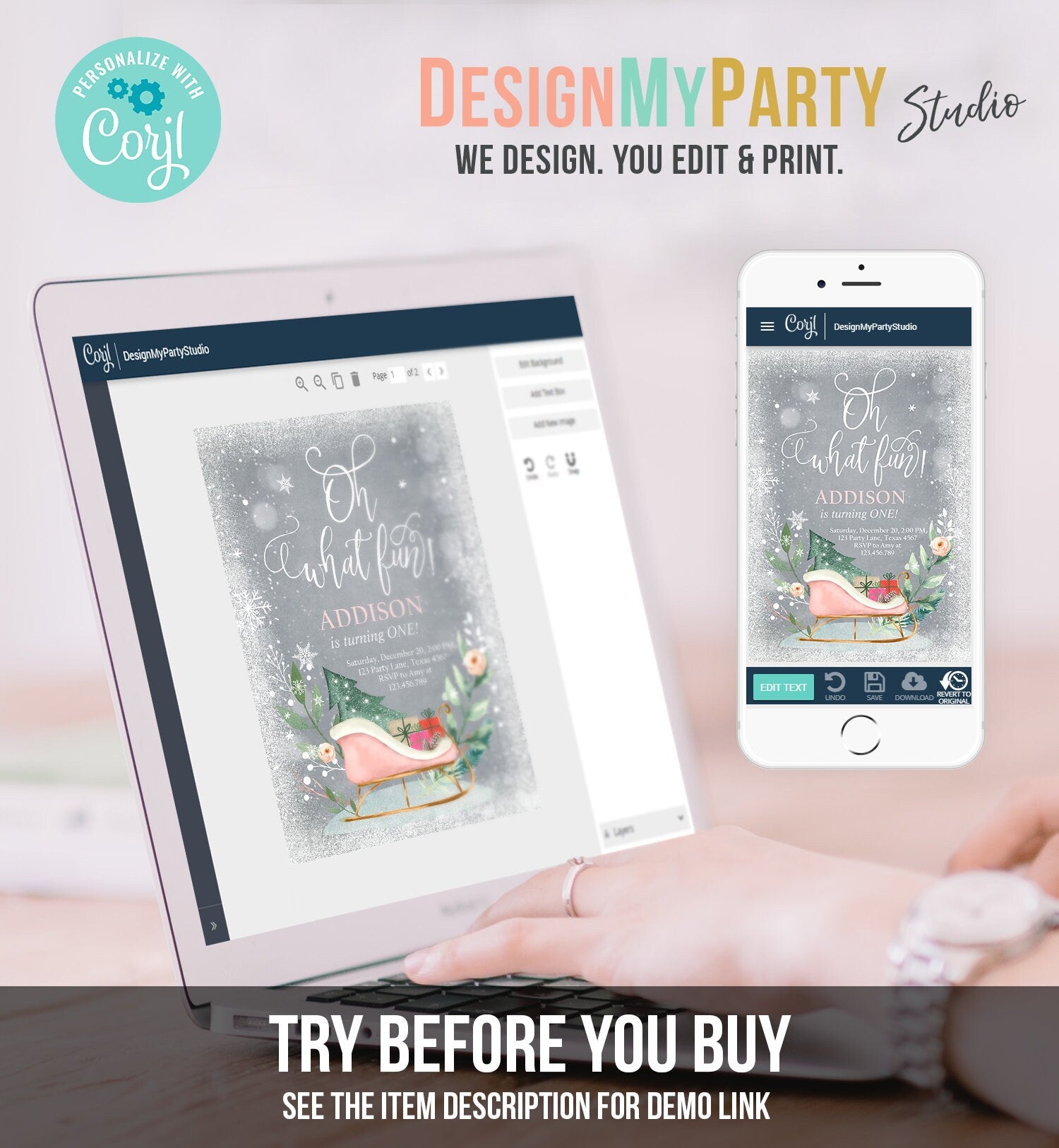 Editable Oh What Fun! Holiday 1st Winter Birthday Invitation Winter Christmas Party Sleigh Trees Girl Pink Gold Printable Template DIY 0353