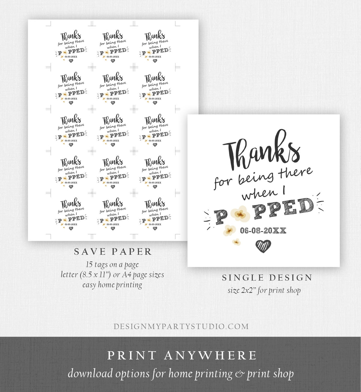 Editable Thanks When I Popped Gift Popcorn Favor Tag Popping Being There Bridal Shower Wedding Birthday Party Stickers Template Corjl 0110