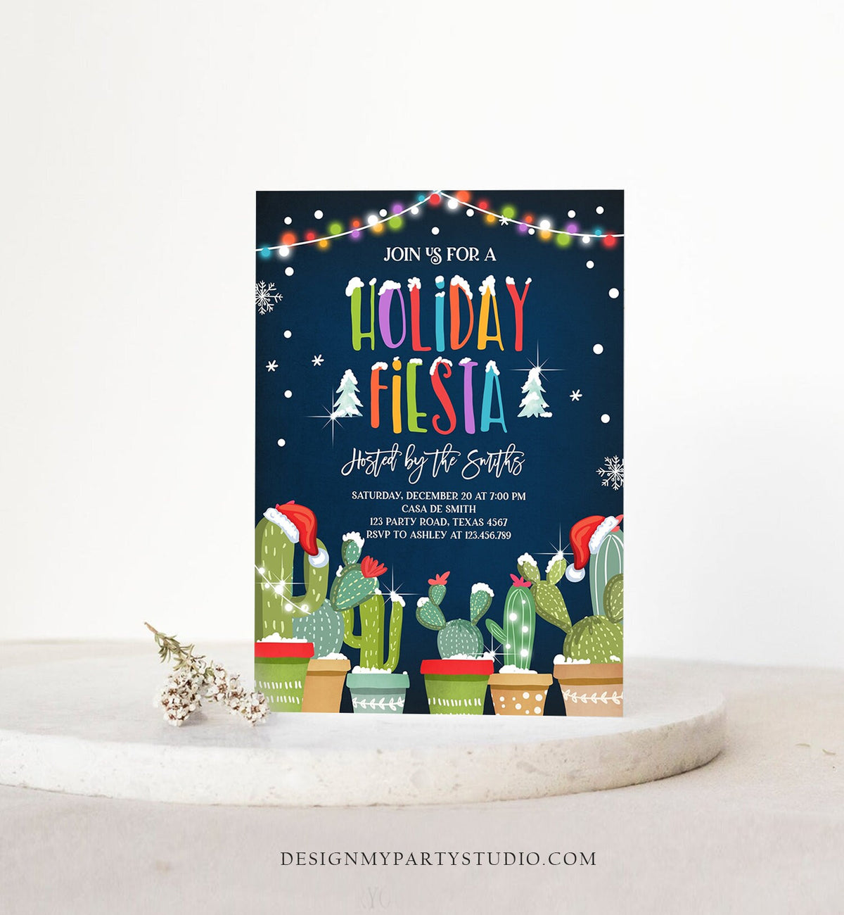 Editable Holiday Fiesta Christmas Invitation Cactus Mexican Holiday Xmas Party Feliz Navidad Invite Digital Printable Corjl Template 0273