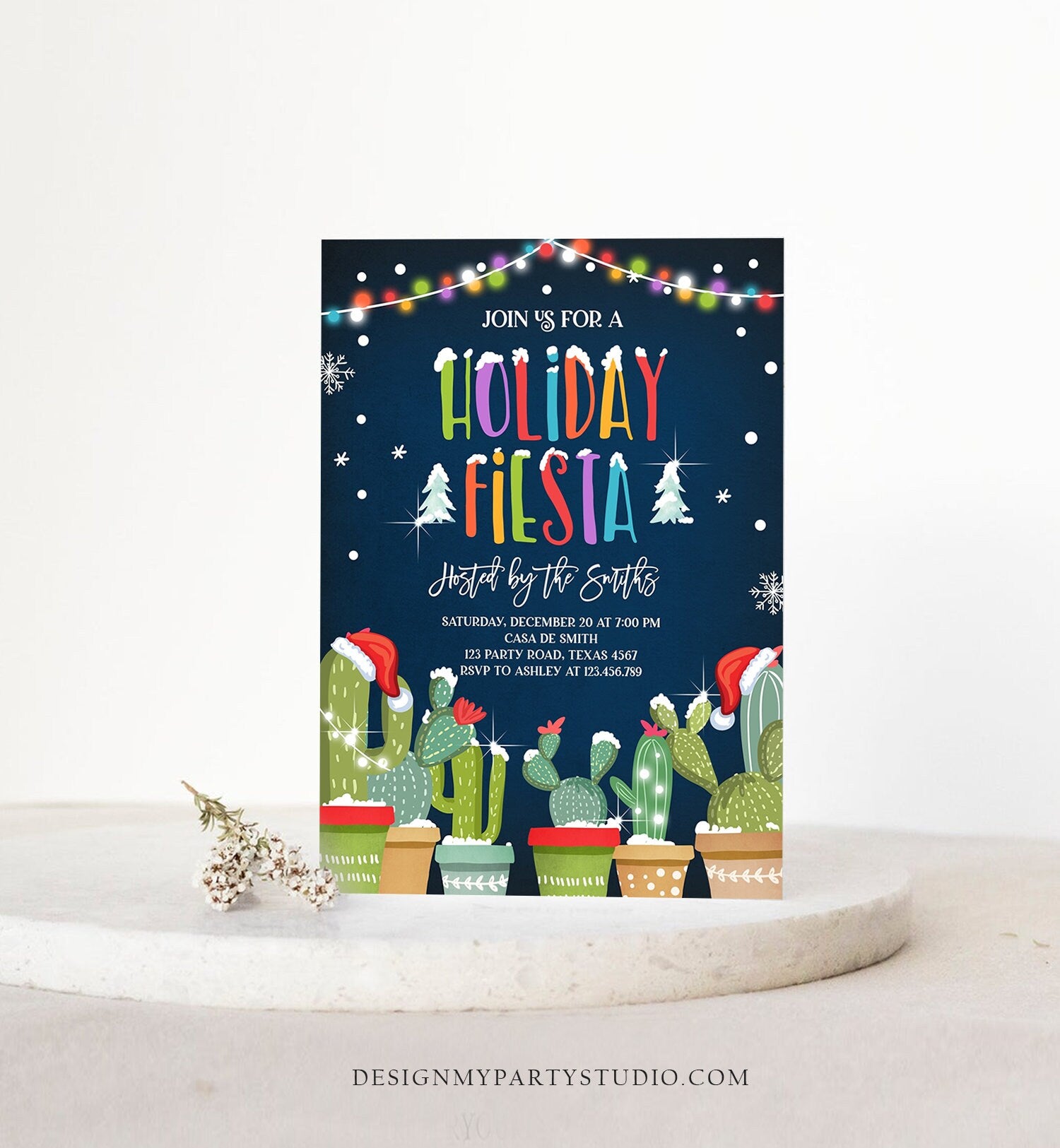 Editable Holiday Fiesta Christmas Invitation Cactus Mexican Holiday Xmas Party Feliz Navidad Invite Digital Printable Corjl Template 0273
