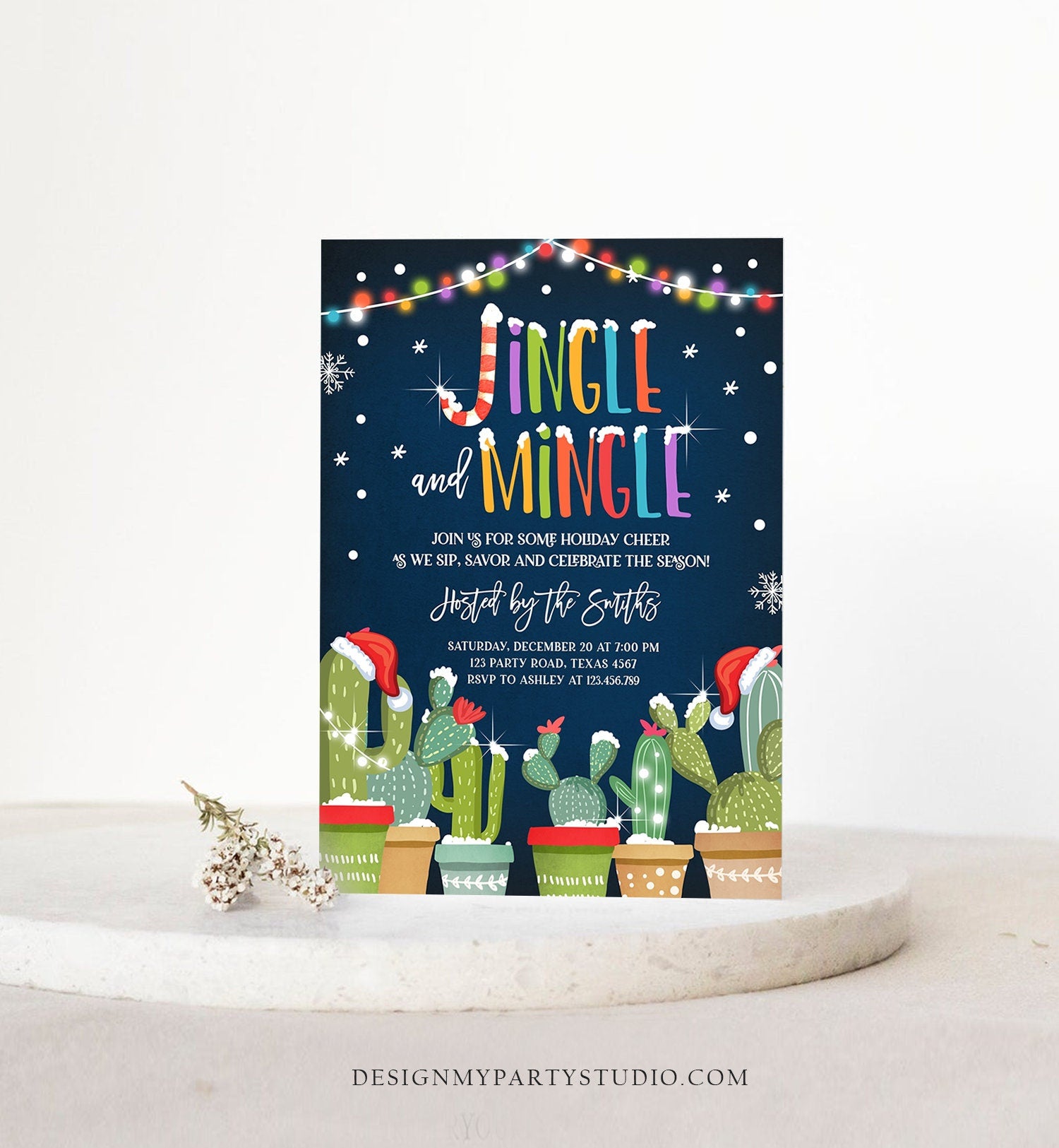 Editable Jingle Mingle Invitation Christmas Fiesta Cocktail Party Cactus Mexican Holiday Feliz Navidad Digital Printable Corjl Template 0273