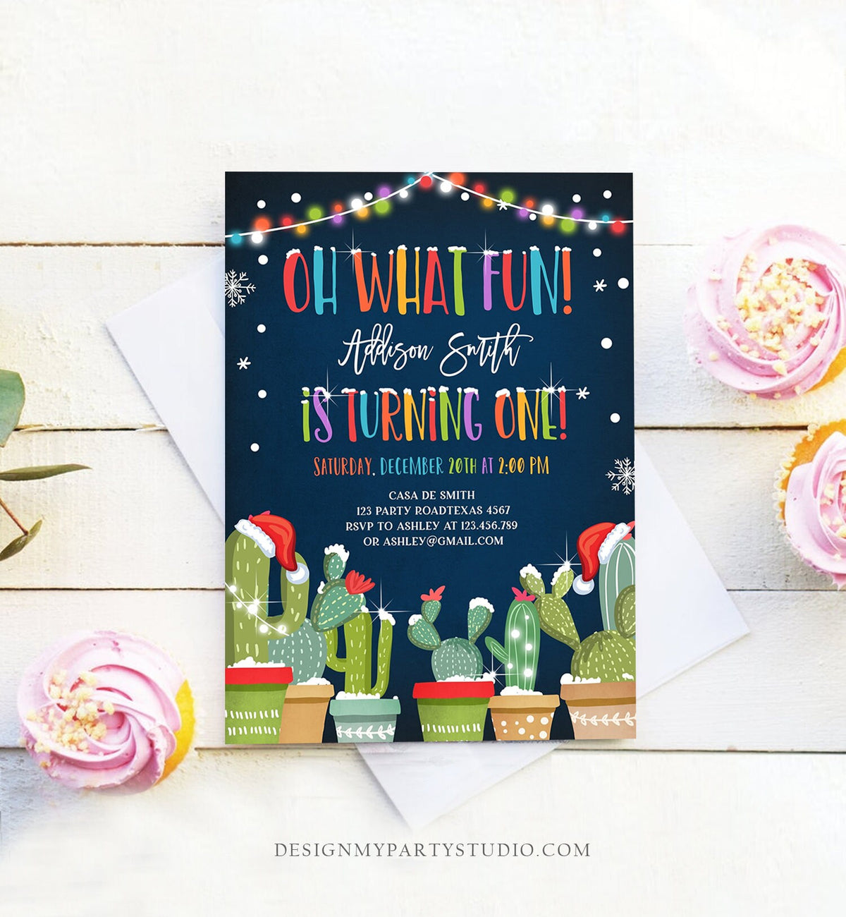 Editable Oh What Fun Christmas Fiesta Invitation First Birthday 1st Cactus Mexican Holiday Feliz Navidad Printable Corjl Template 0273