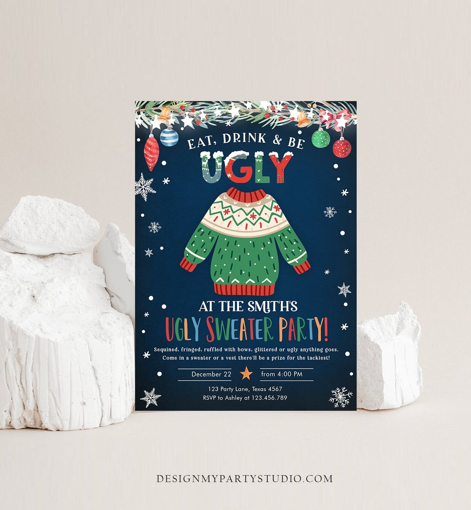editable ugly sweater christmas party invitation eat drink and be