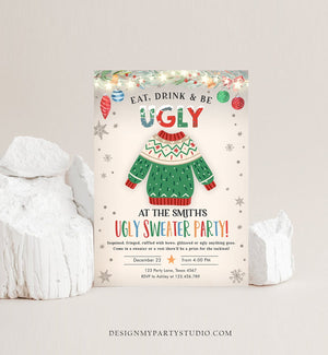 Editable Ugly Sweater Christmas Party Invitation Eat Drink And Be Ugly Rustic Family Birthday Tacky Party Printable Corjl Template 0354