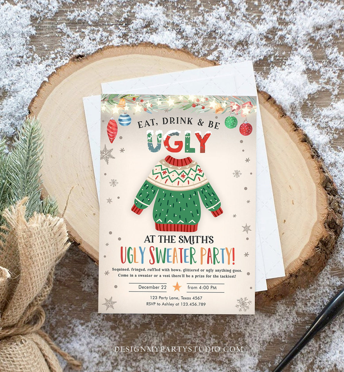 Editable Ugly Sweater Christmas Party Invitation Eat Drink And Be Ugly Rustic Family Birthday Tacky Party Printable Corjl Template 0354