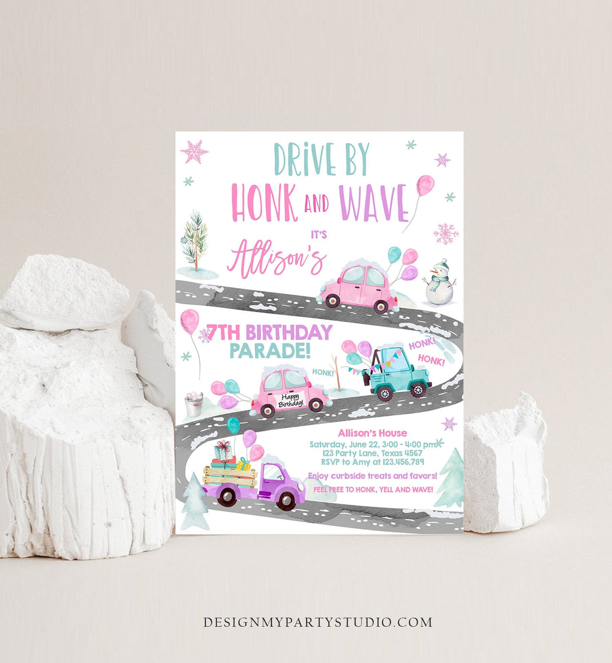 Editable Winter Drive By Birthday Invitation Parade Winter Onederland Virtual Party Invite Girl Pink Quarantine Download Digital Corjl 0333