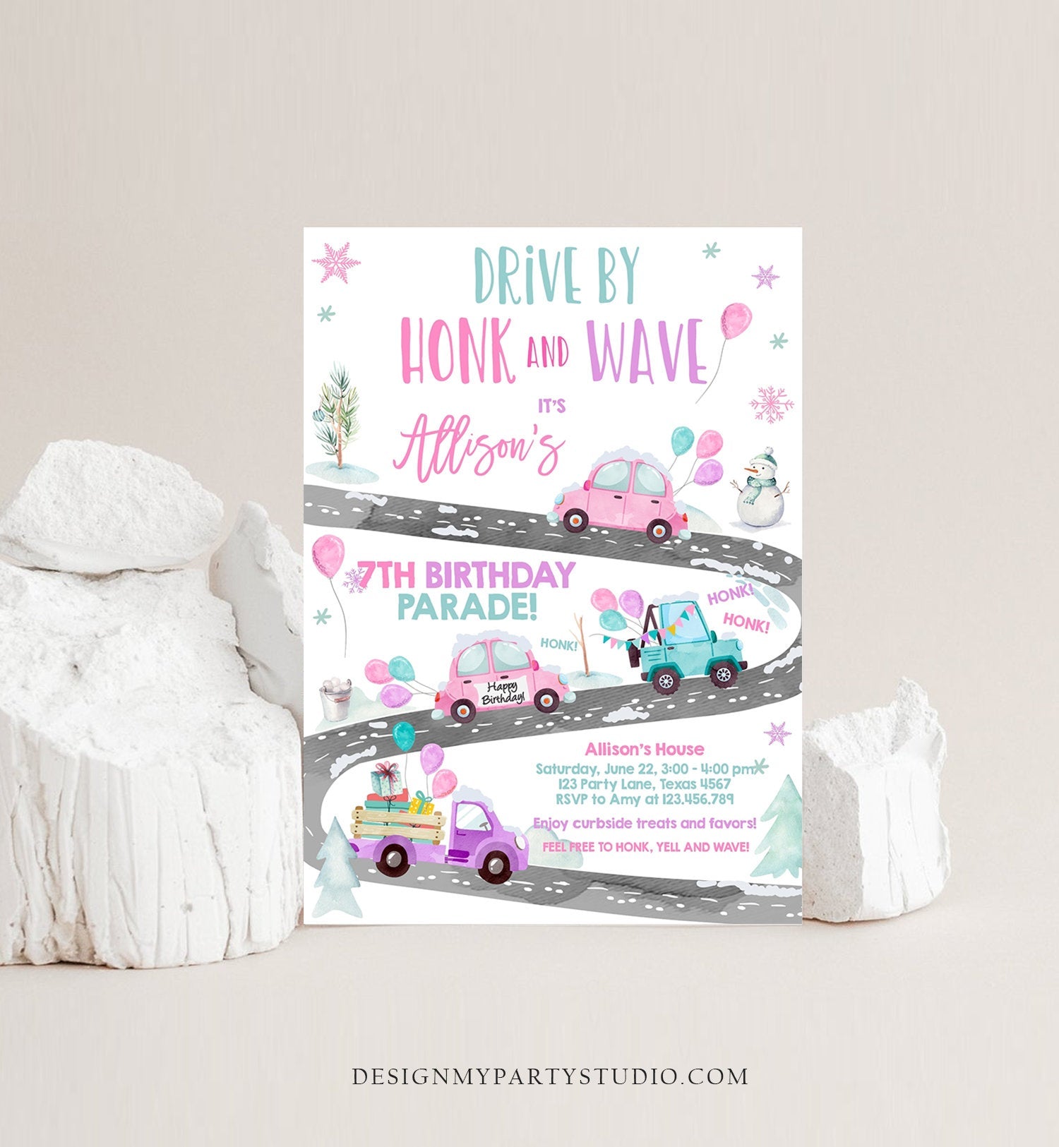 Editable Winter Drive By Birthday Invitation Parade Winter Onederland Virtual Party Invite Girl Pink Quarantine Download Digital Corjl 0333