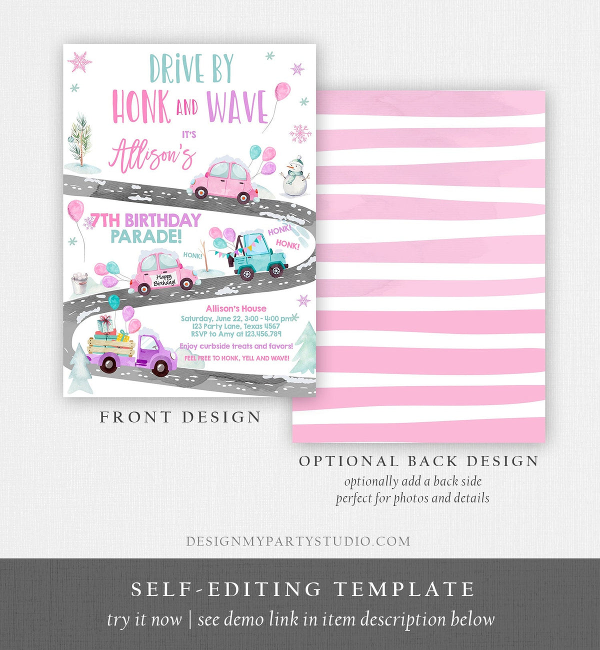 Editable Winter Drive By Birthday Invitation Parade Winter Onederland Virtual Party Invite Girl Pink Quarantine Download Digital Corjl 0333