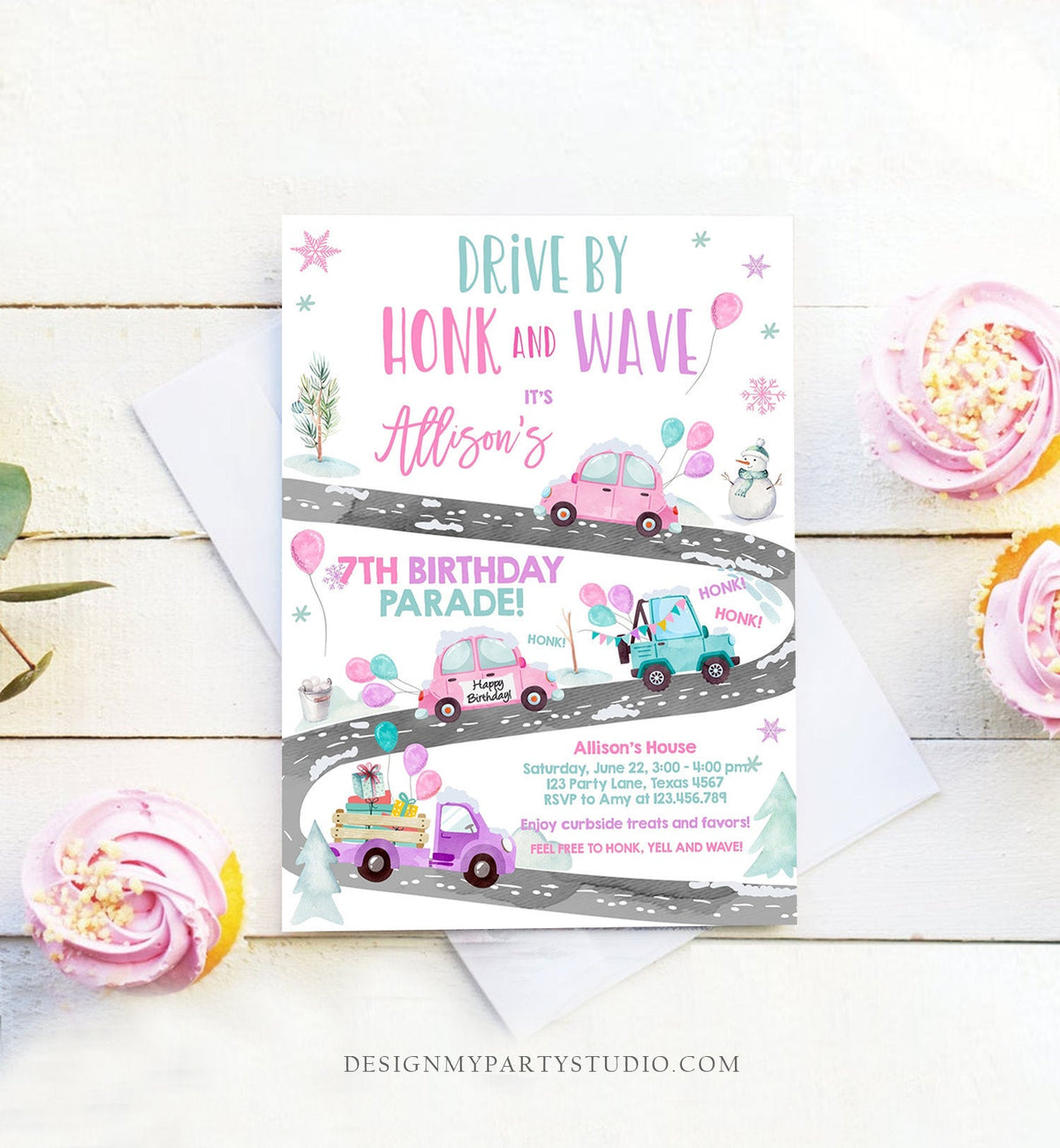 Editable Winter Drive By Birthday Invitation Parade Winter Onederland Virtual Party Invite Girl Pink Quarantine Download Digital Corjl 0333