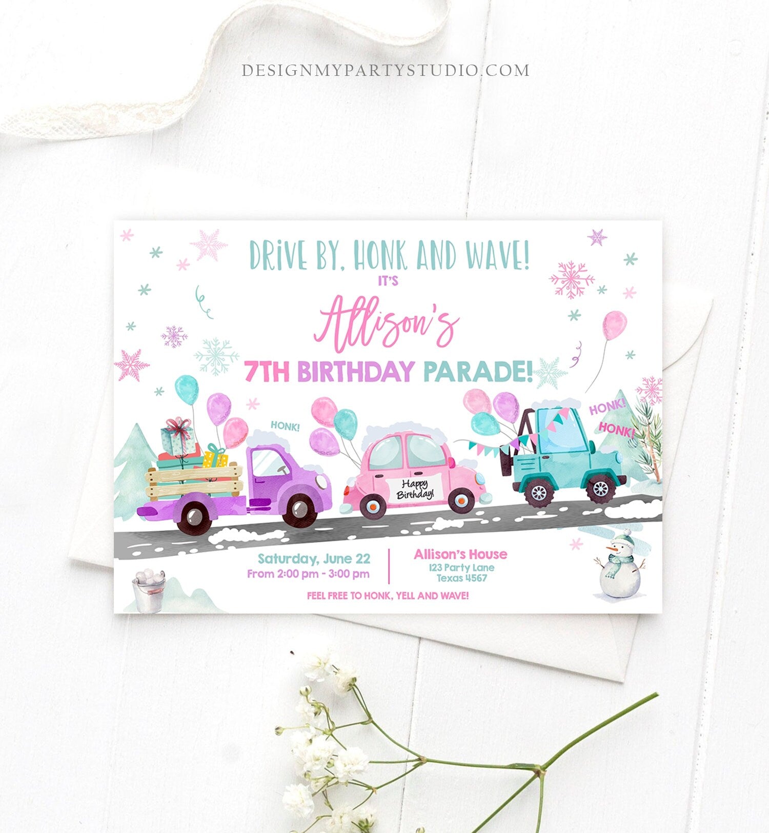 Editable Winter Drive By Birthday Invitation Parade Winter Onederland Virtual Party Invite Girl Pink Quarantine Download Digital Corjl 0333