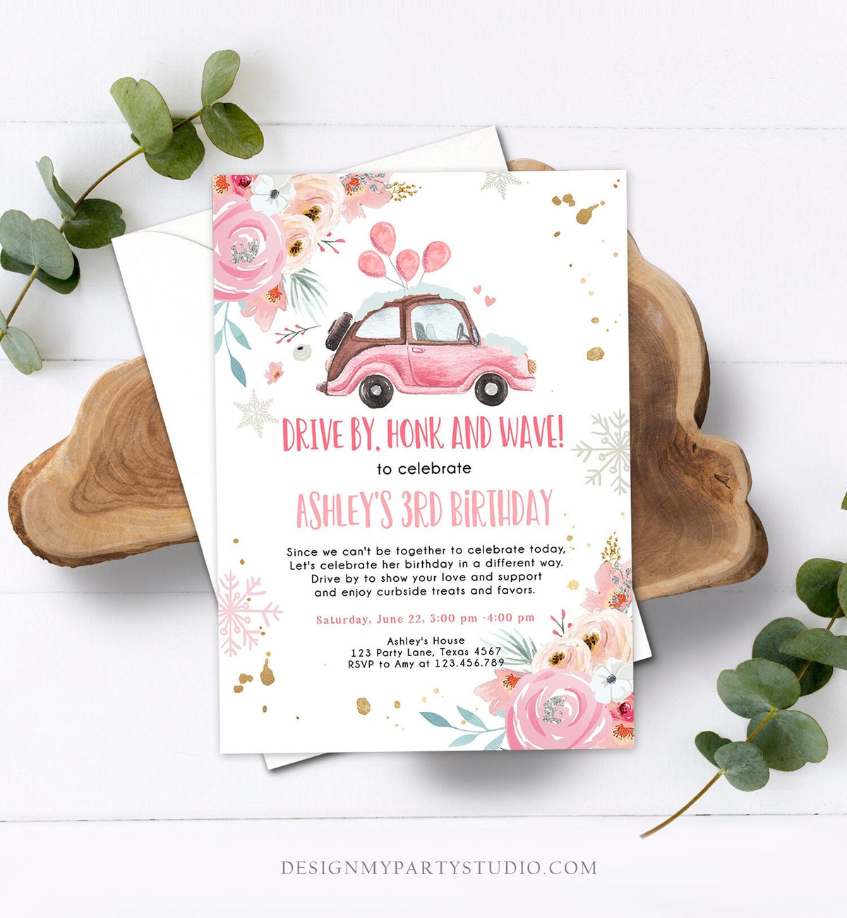 Editable Winter Drive By Birthday Parade Invitation Virtual Party Invite Snowflake Girl Pink Floral Quarantine Download Digital Corjl 0335
