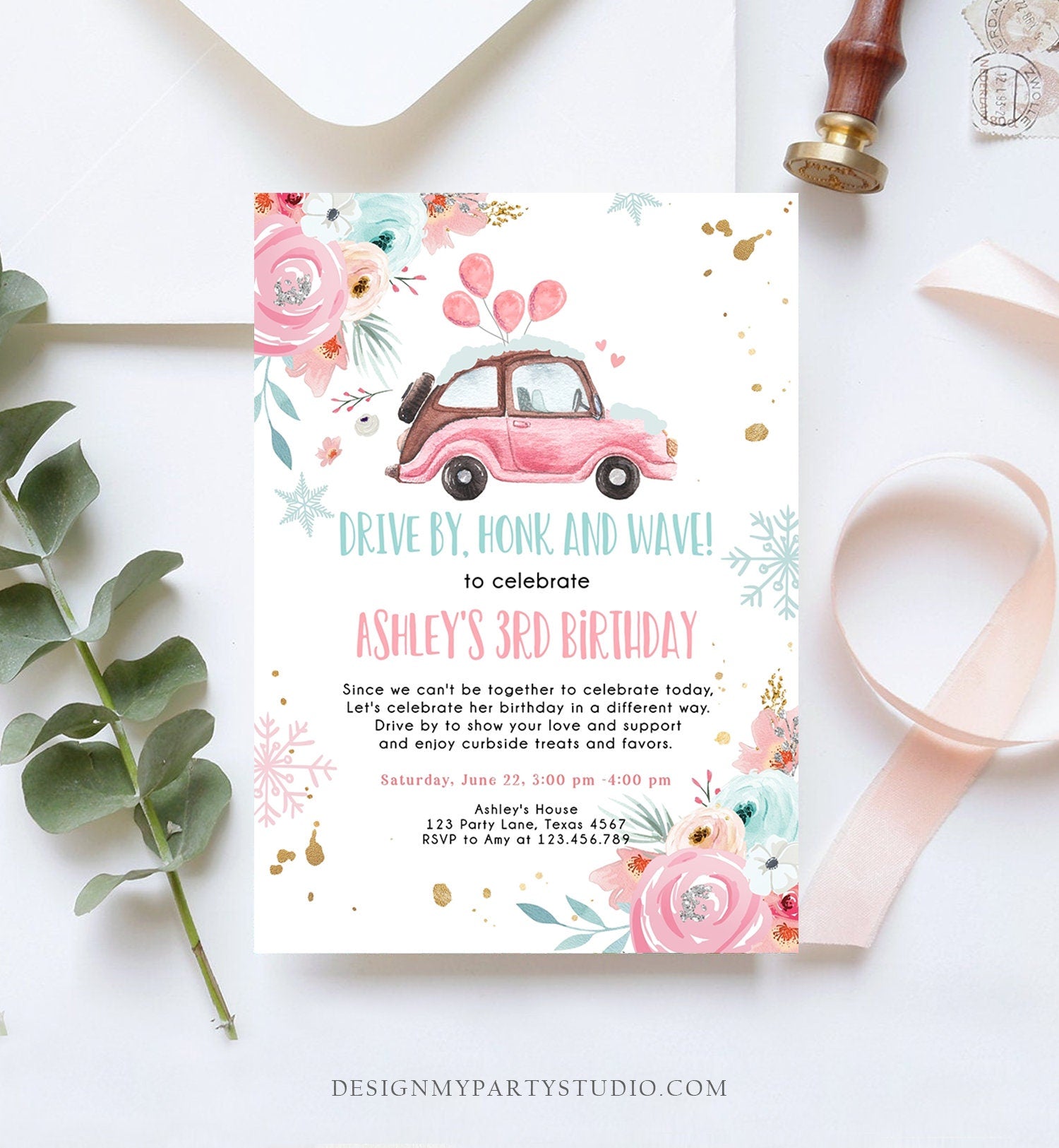 Editable Winter Drive By Birthday Parade Invitation Virtual Party Invite Snowflake Girl Pink Floral Quarantine Download Digital Corjl 0335