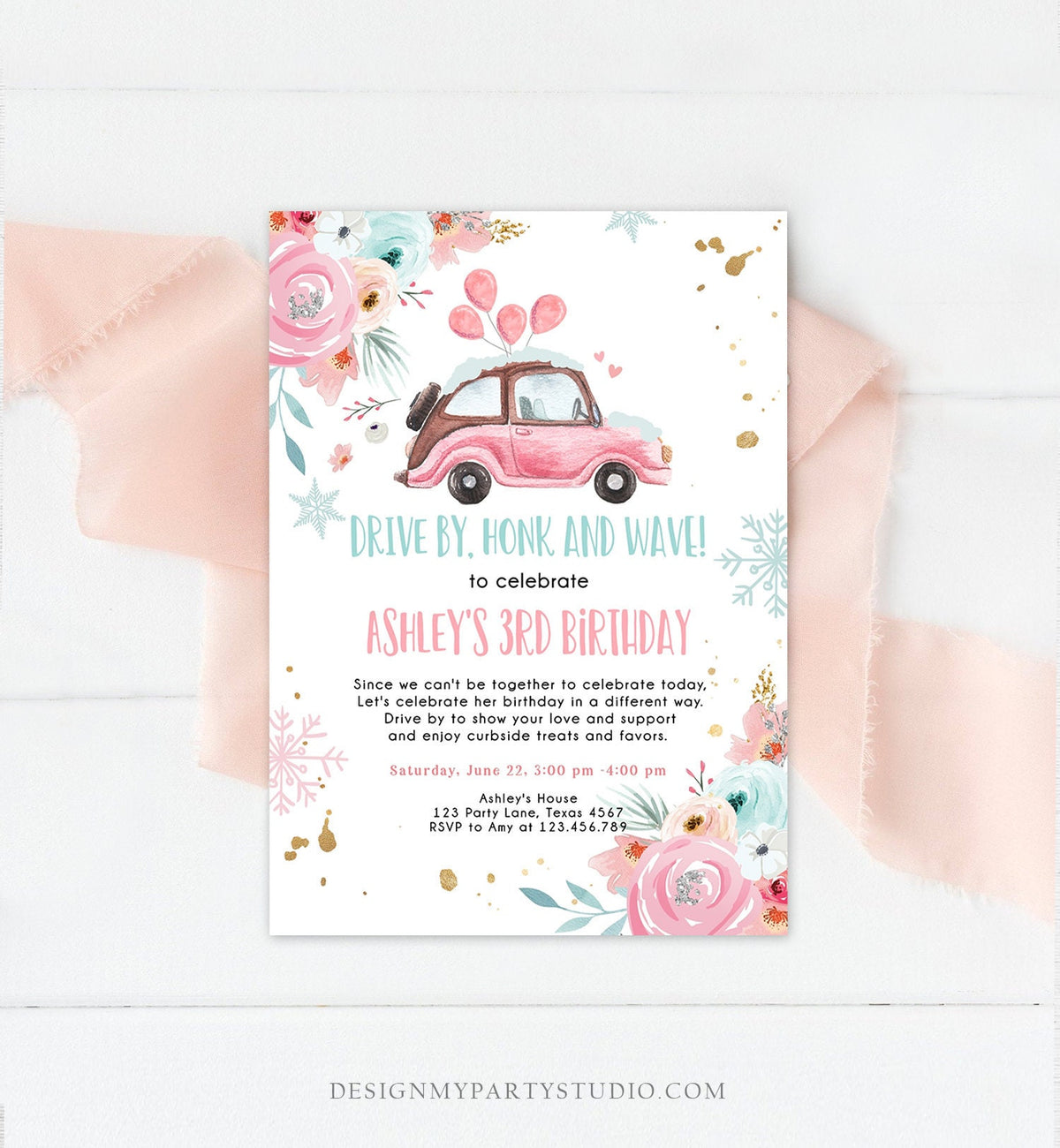 Editable Winter Drive By Birthday Parade Invitation Virtual Party Invite Snowflake Girl Pink Floral Quarantine Download Digital Corjl 0335