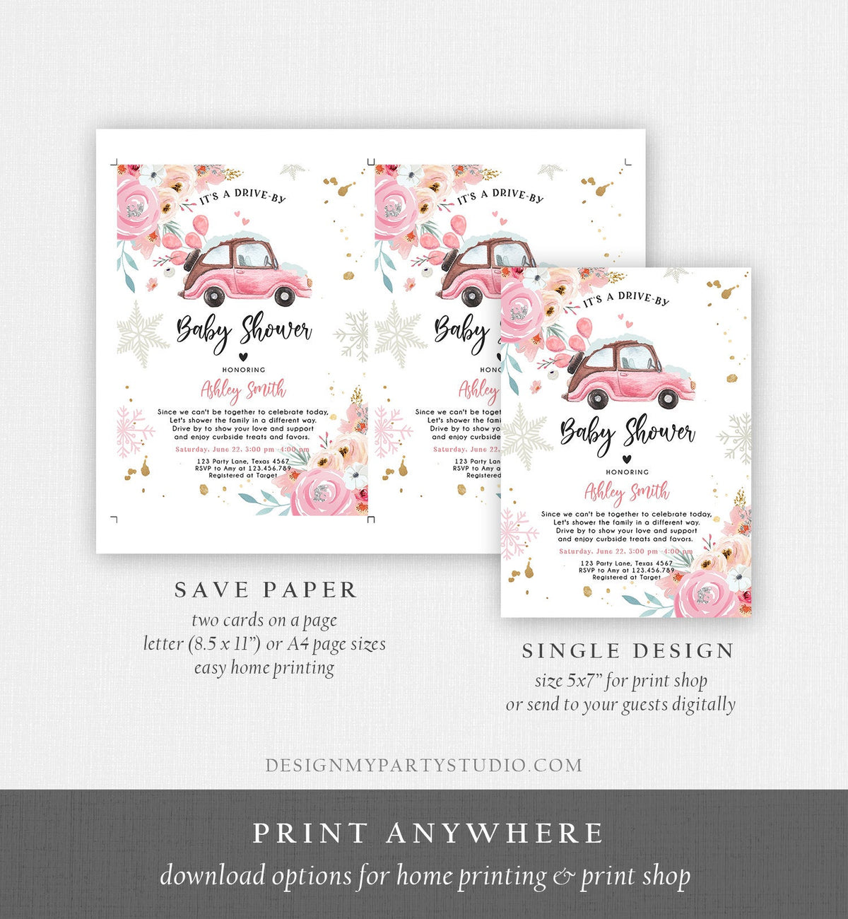 Editable Winter Drive By Baby Shower Invitation Pink Girl Baby Shower Invite Quarantine Drive Through Floral Template Download Corjl 0335