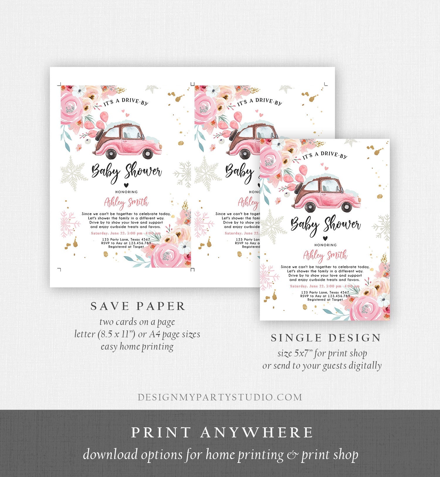Editable Winter Drive By Baby Shower Invitation Pink Girl Baby Shower Invite Quarantine Drive Through Floral Template Download Corjl 0335
