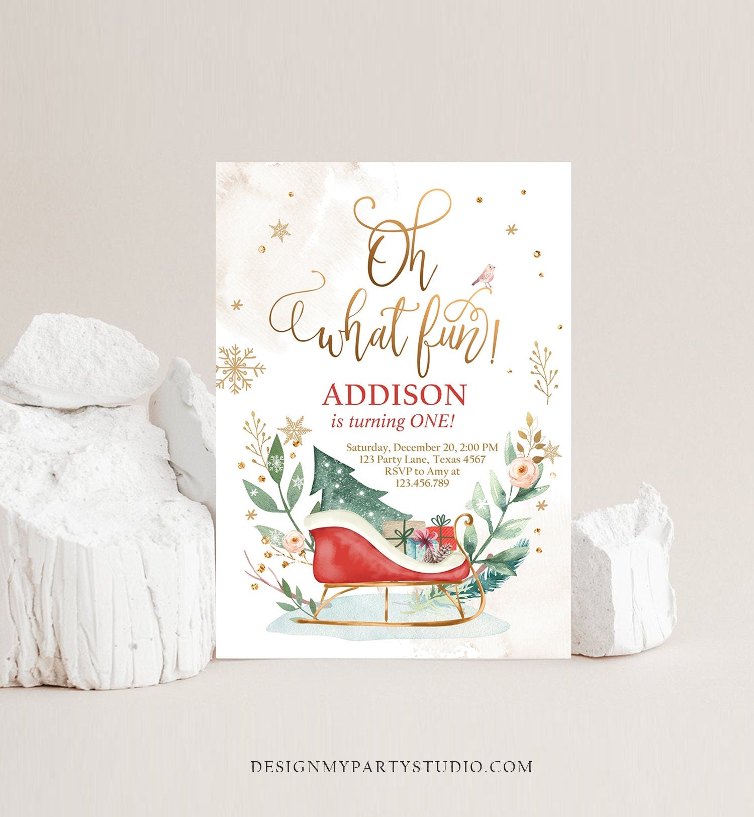 Editable Oh What Fun! Holiday 1st Winter Birthday Invitation Winter Christmas Party Sleigh Tree Neutral Red Gold Printable Template DIY 0353