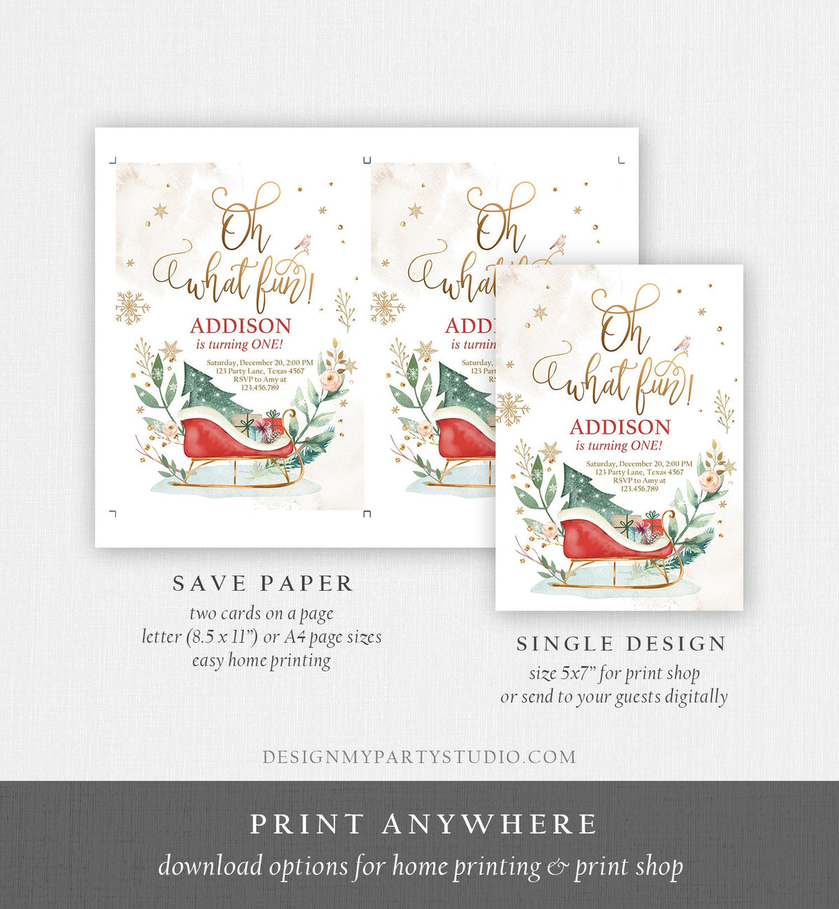 Editable Oh What Fun! Holiday 1st Winter Birthday Invitation Winter Christmas Party Sleigh Tree Neutral Red Gold Printable Template DIY 0353