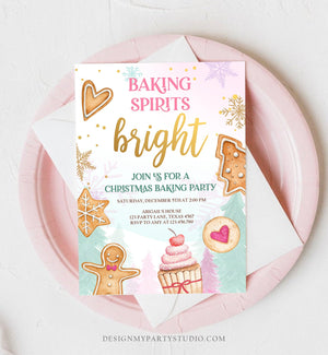 Editable Christmas Baking Invitation Cookie Party Invite Christmas Birthday Girl Pink Baking Spirits Bright Printable Template Corjl 0352