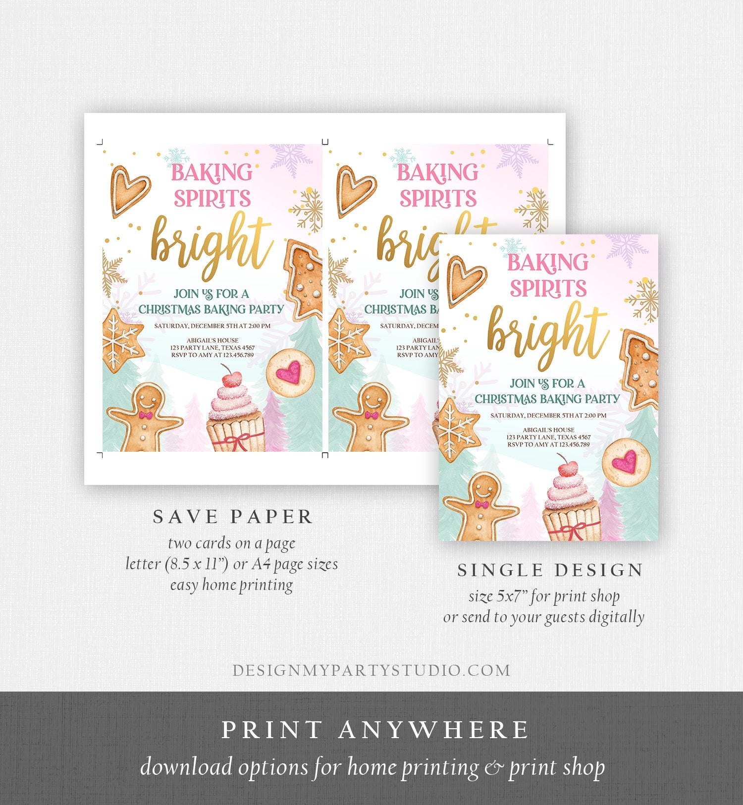 Editable Christmas Baking Invitation Cookie Party Invite Christmas Birthday Girl Pink Baking Spirits Bright Printable Template Corjl 0352