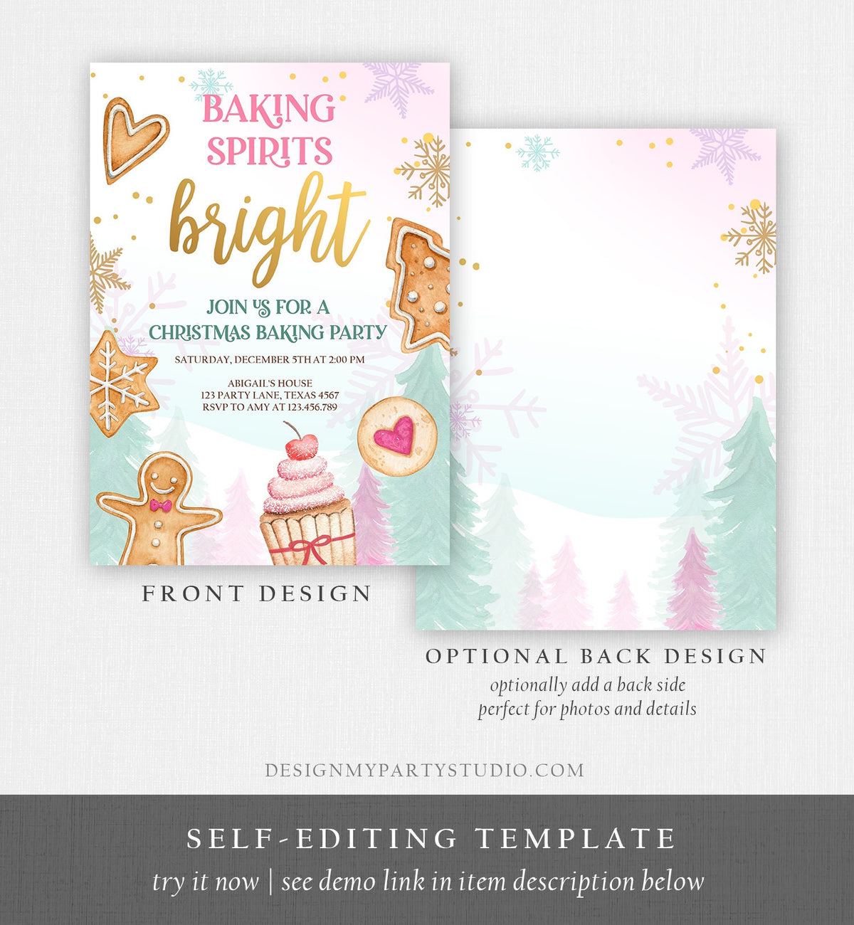 Editable Christmas Baking Invitation Cookie Party Invite Christmas Birthday Girl Pink Baking Spirits Bright Printable Template Corjl 0352