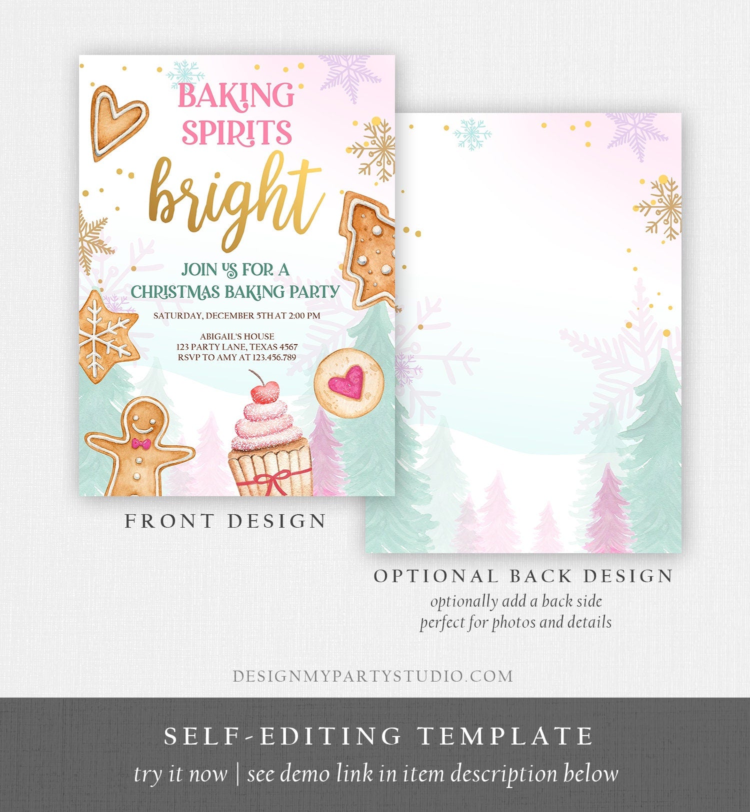 Editable Christmas Baking Invitation Cookie Party Invite Christmas Birthday Girl Pink Baking Spirits Bright Printable Template Corjl 0352