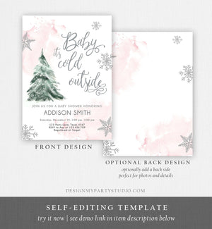 Editable Baby Its Cold Outside Baby Shower Invitation Winter Baby Shower Girl Blush Pink Snow Watercolor Tree Template Download Corjl 0363