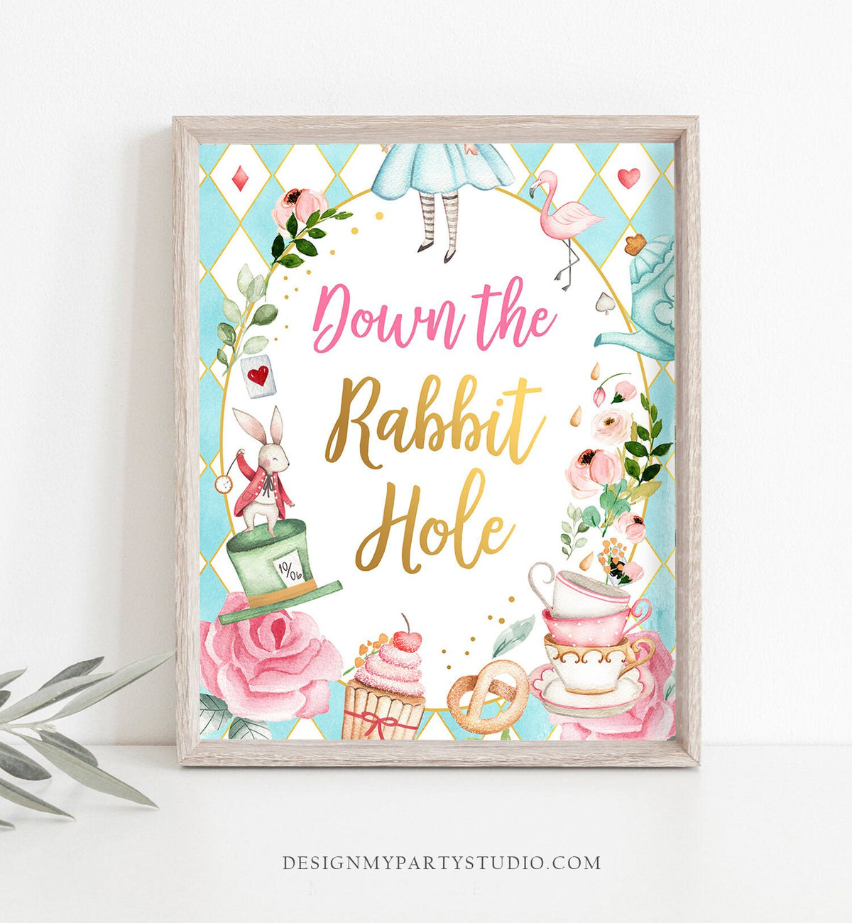 Down the Rabbit Hole Sign Alice in Wonderland Party Decor Onederland Girl Birthday Table Sign Decorations Digital Download PRINTABLE 0350