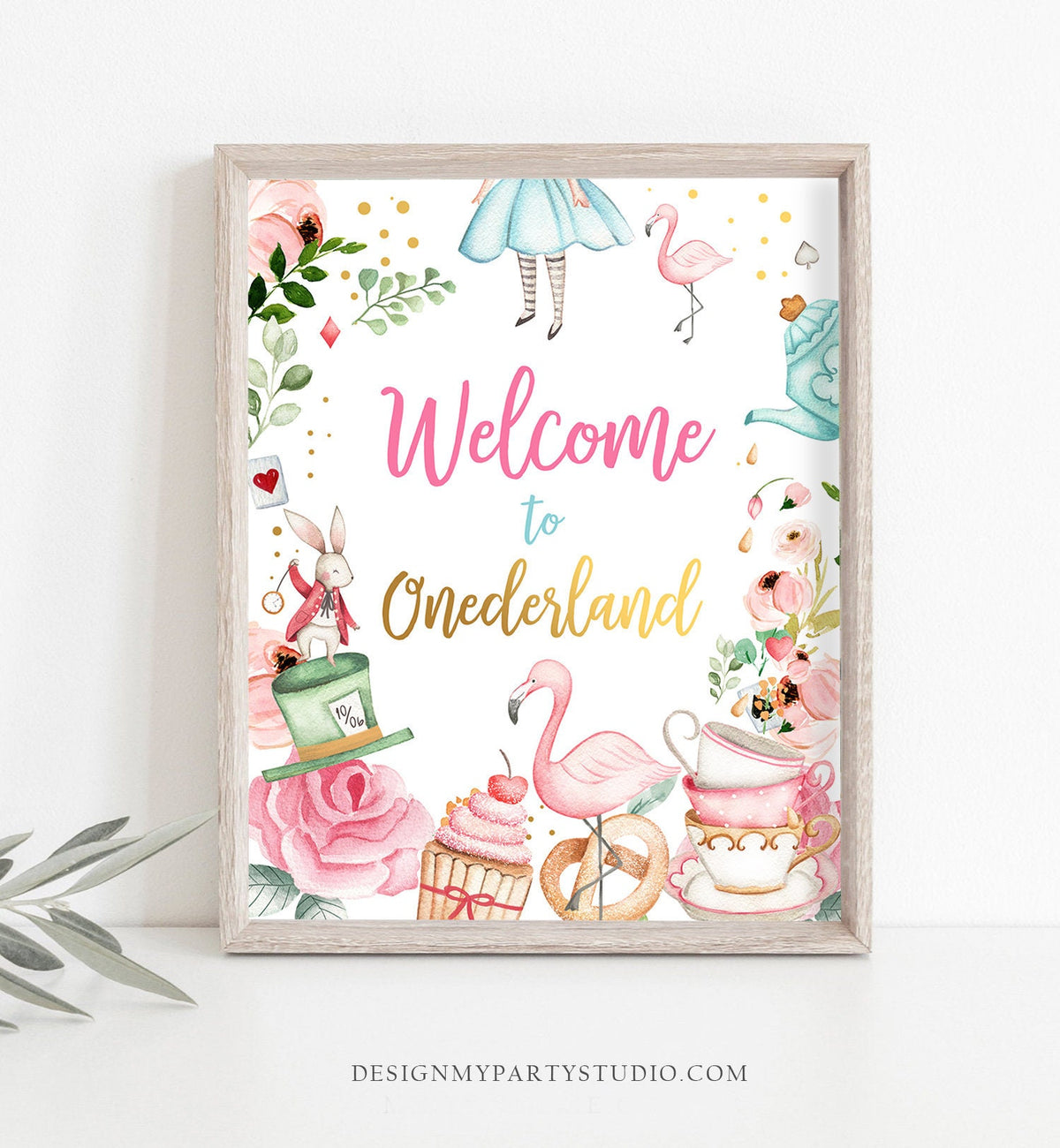 Alice in Wonderland Welcome to Onederland Party Sign Alice Birthday Decor Mad Tea Party Girl Pink Welcome Birthday Sign PRINTABLE DIY 0350