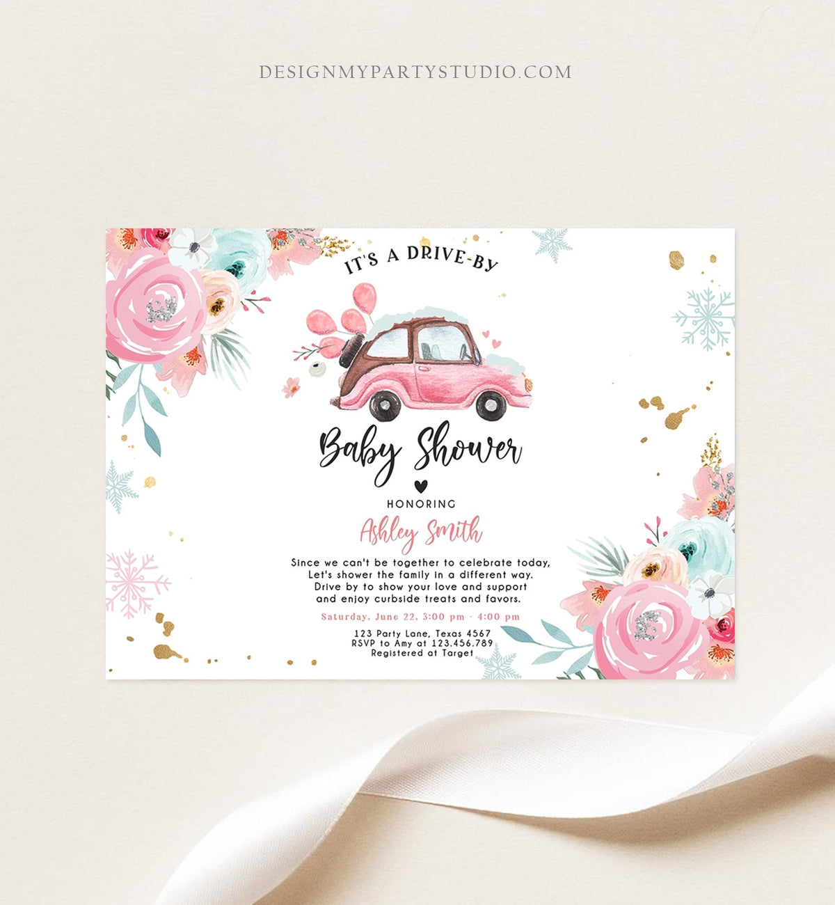 Editable Winter Drive By Baby Shower Invitation Pink Girl Baby Shower Invite Quarantine Drive Through Floral Template Download Corjl 0335