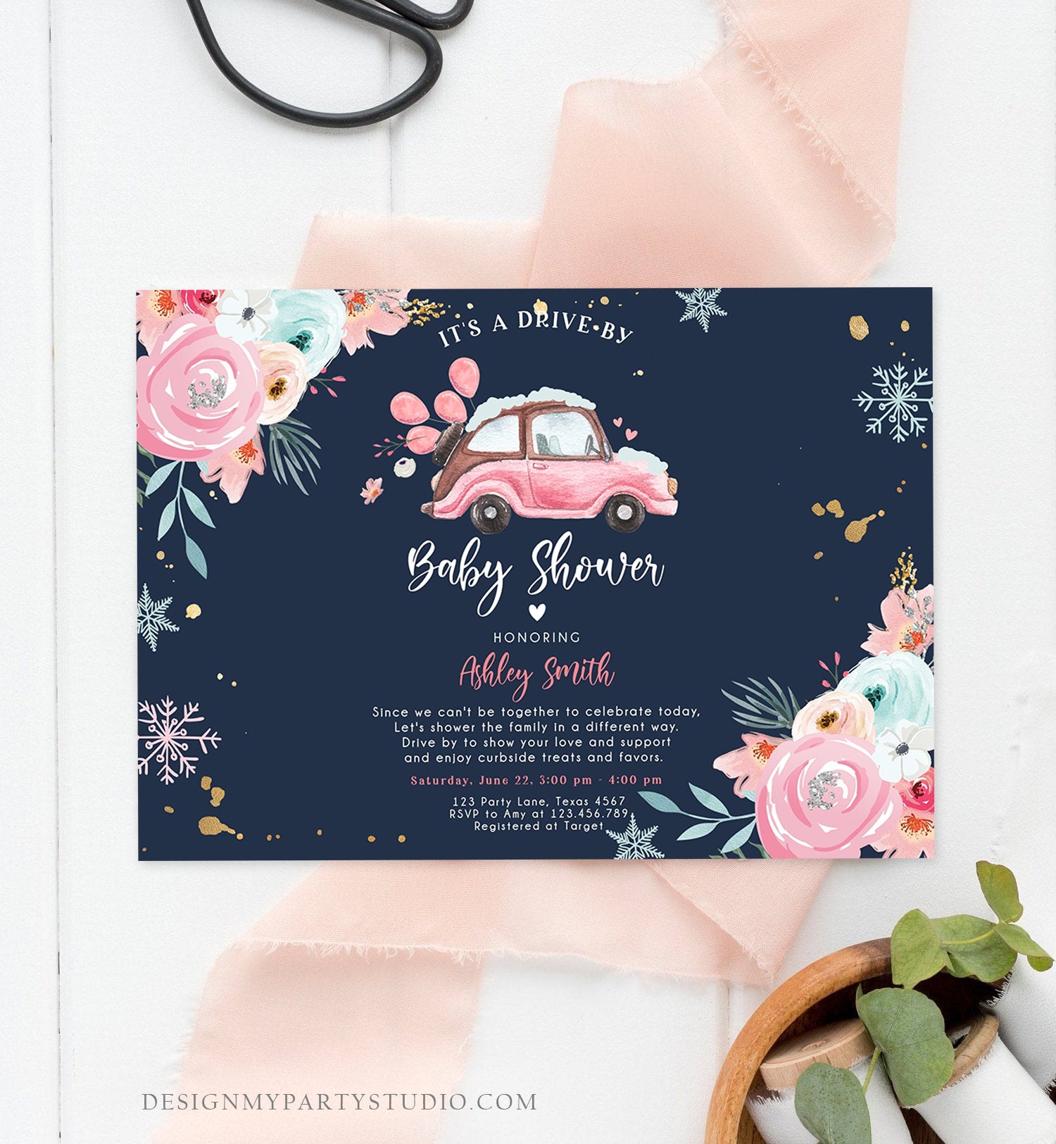 Editable Winter Drive By Baby Shower Invitation Pink Girl Baby Shower Invite Quarantine Drive Through Floral Template Download Corjl 0335