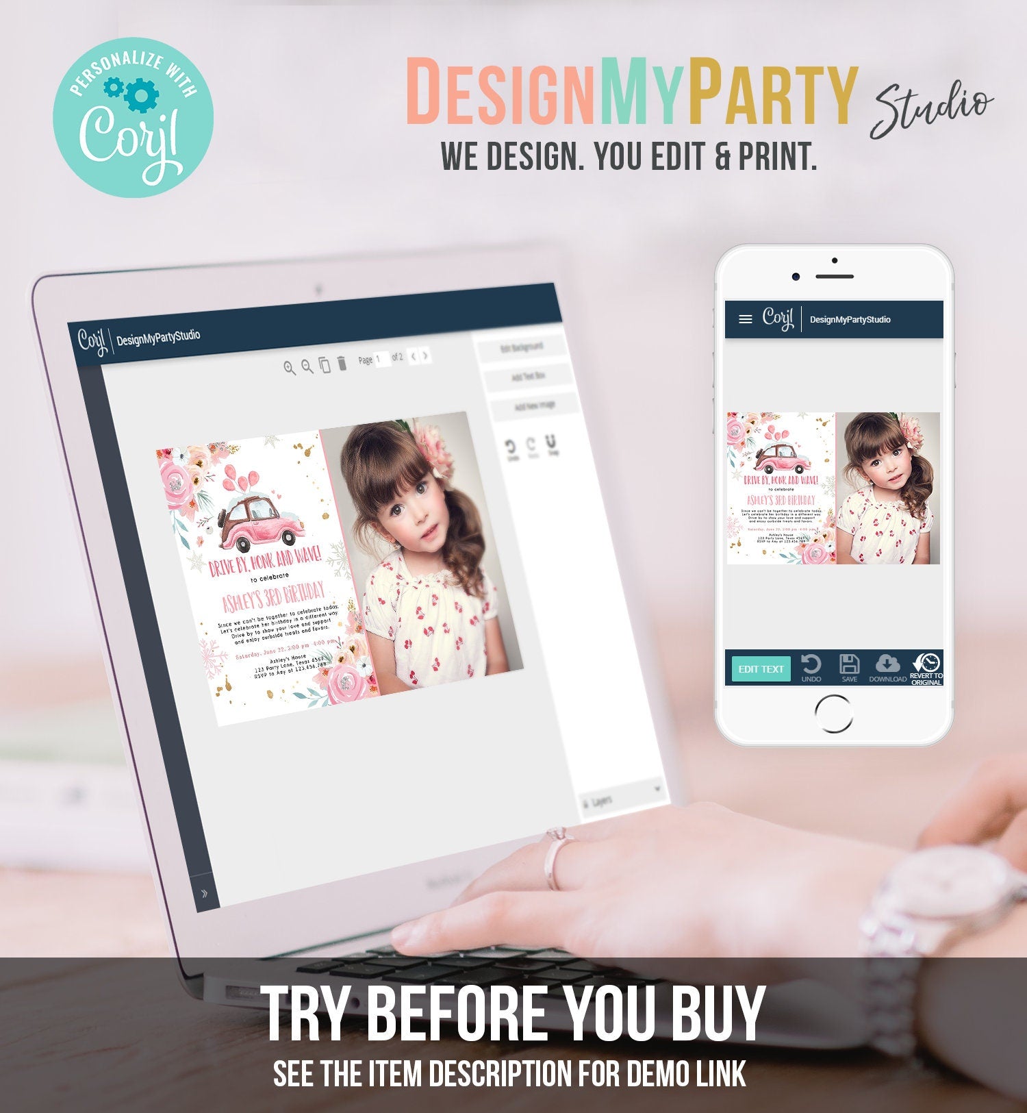 Editable Winter Drive By Birthday Parade Invitation Virtual Party Invite Snowflake Girl Pink Floral Quarantine Download Digital Corjl 0335