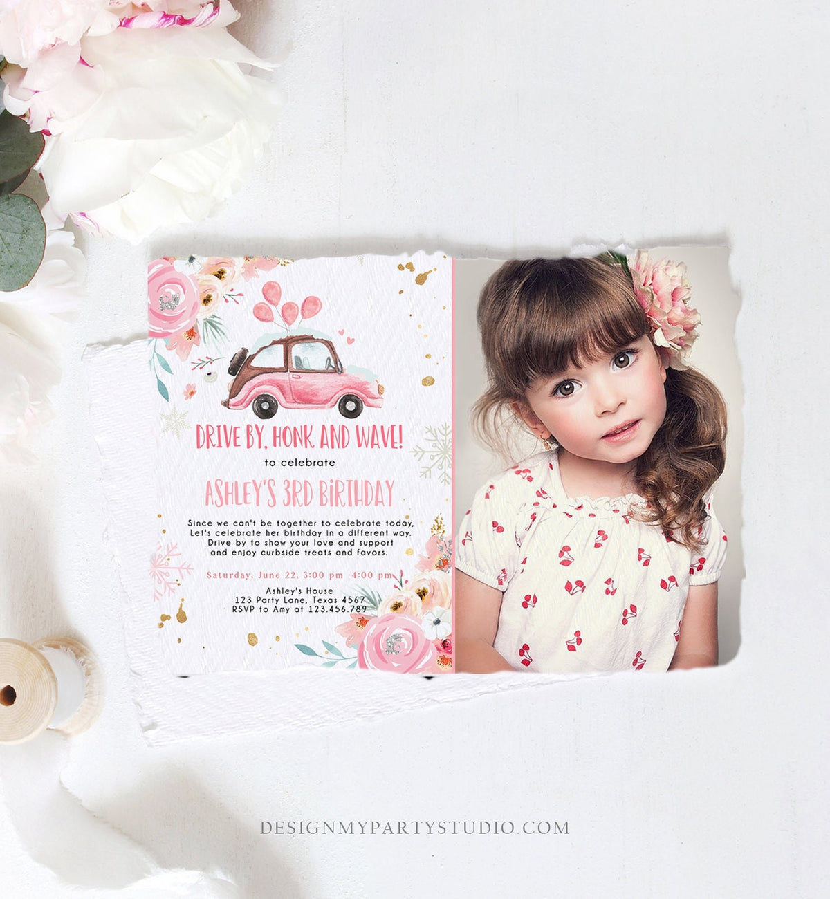Editable Winter Drive By Birthday Parade Invitation Virtual Party Invite Snowflake Girl Pink Floral Quarantine Download Digital Corjl 0335