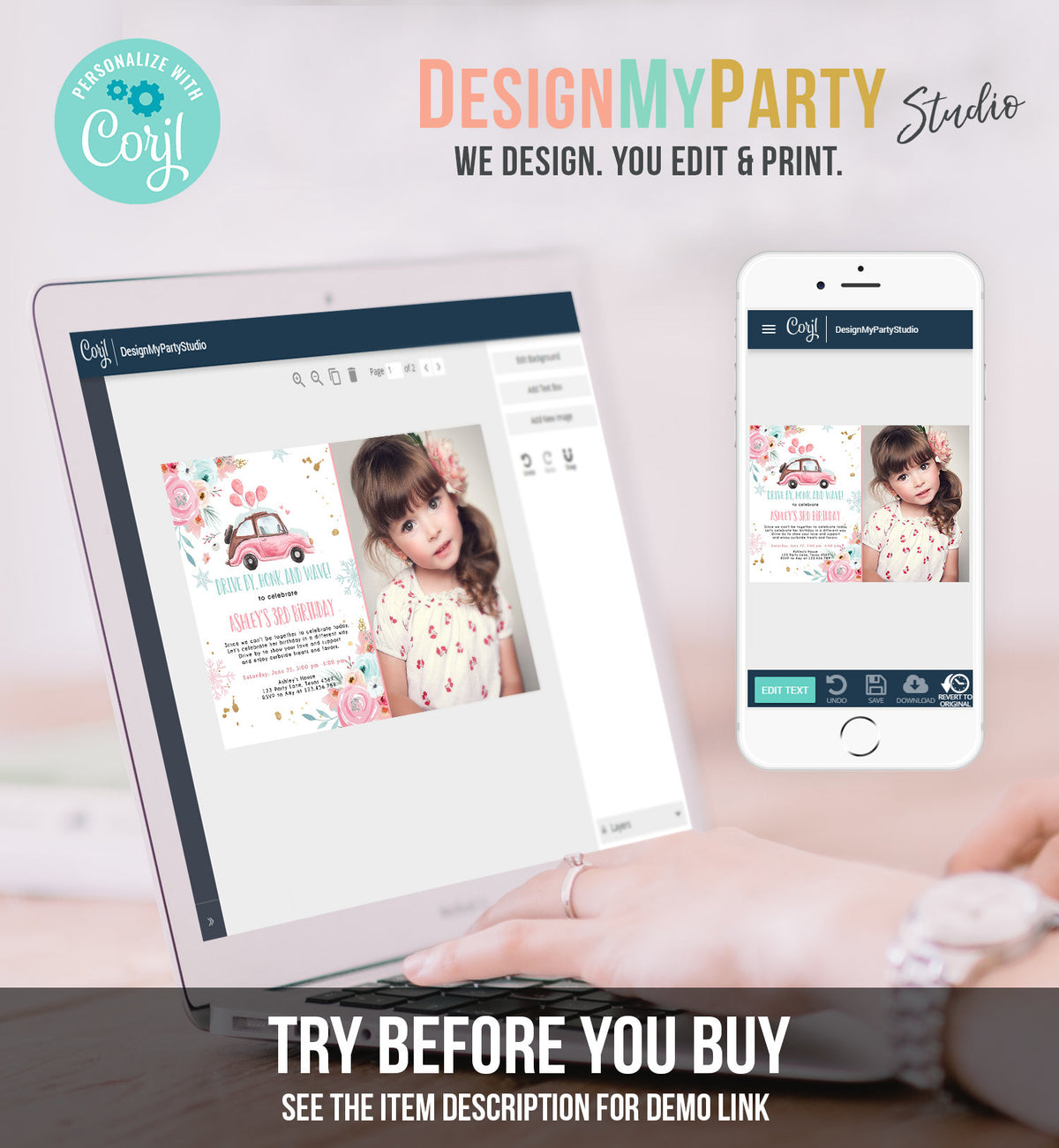 Editable Winter Drive By Birthday Parade Invitation Virtual Party Invite Snowflake Girl Pink Floral Quarantine Download Digital Corjl 0335