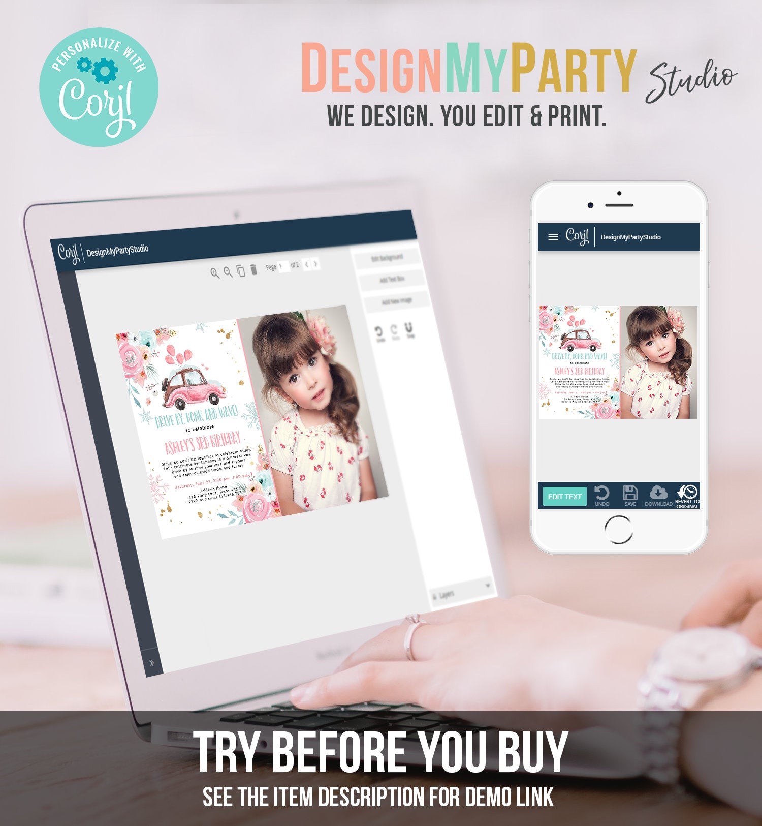 Editable Winter Drive By Birthday Parade Invitation Virtual Party Invite Snowflake Girl Pink Floral Quarantine Download Digital Corjl 0335