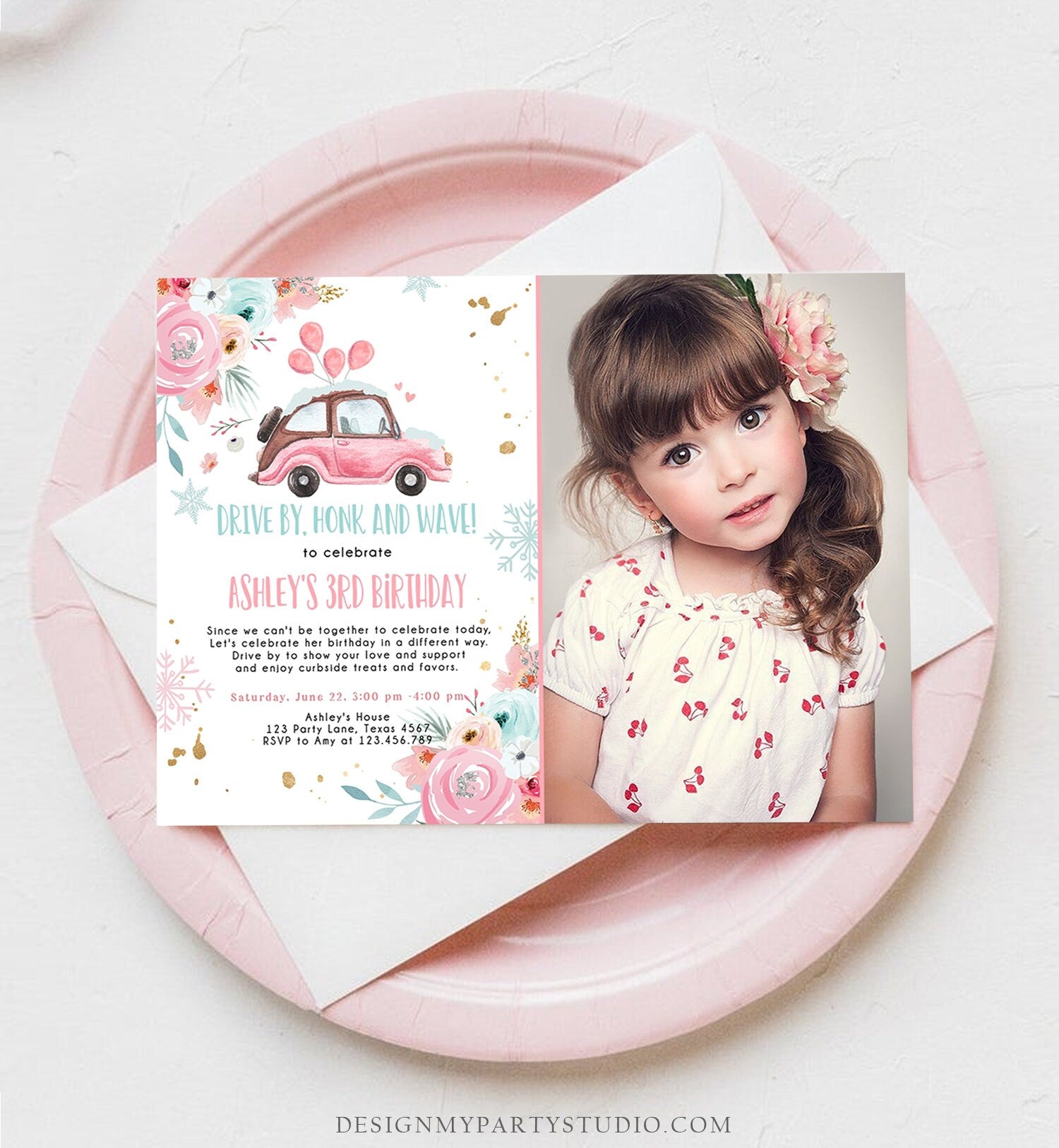Editable Winter Drive By Birthday Parade Invitation Virtual Party Invite Snowflake Girl Pink Floral Quarantine Download Digital Corjl 0335
