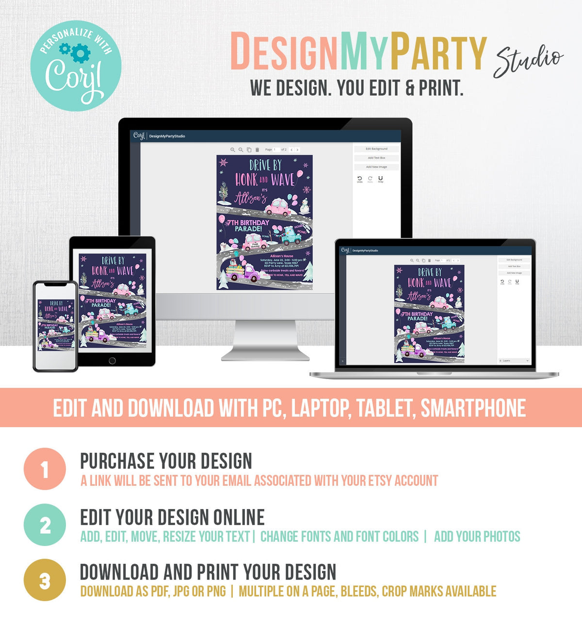 Editable Winter Drive By Birthday Invitation Parade Winter Onederland Virtual Party Invite Girl Pink Quarantine Download Digital Corjl 0333