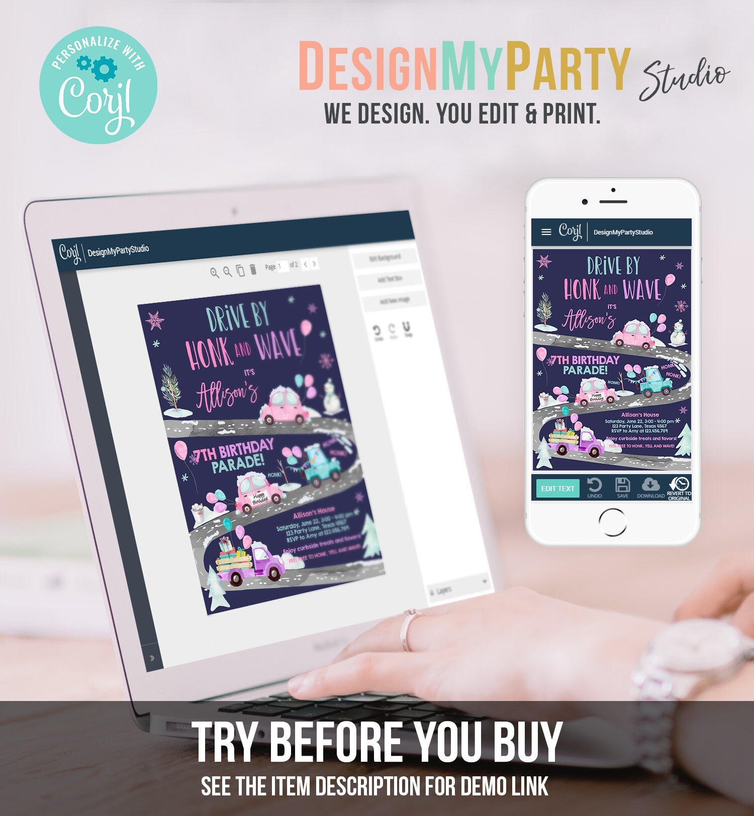 Editable Winter Drive By Birthday Invitation Parade Winter Onederland Virtual Party Invite Girl Pink Quarantine Download Digital Corjl 0333