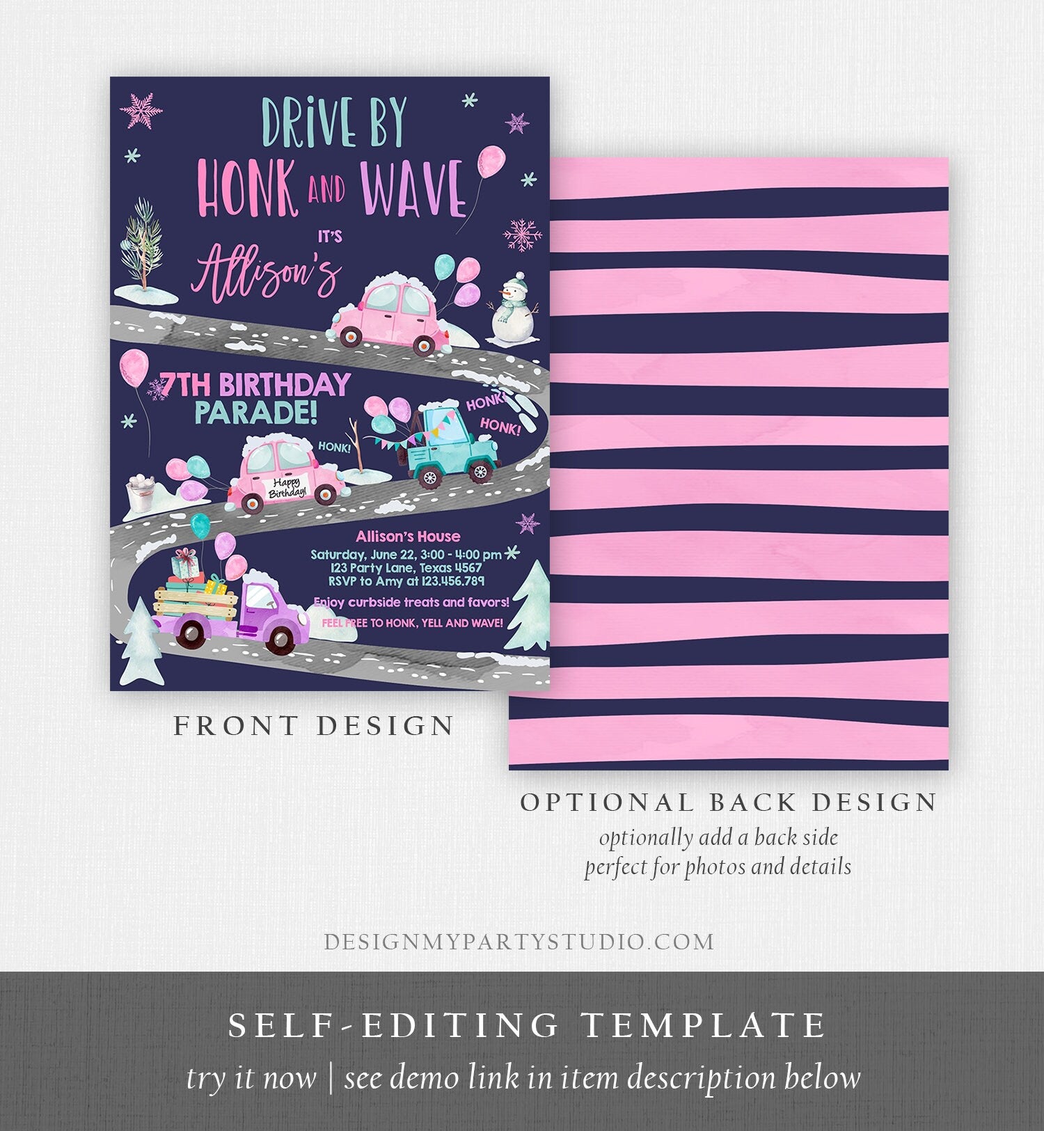 Editable Winter Drive By Birthday Invitation Parade Winter Onederland Virtual Party Invite Girl Pink Quarantine Download Digital Corjl 0333